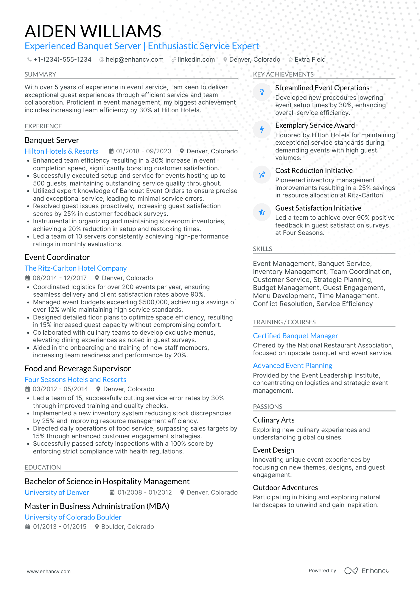 Banquet Server Specialist Resume Example