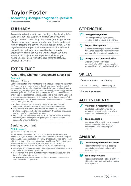 Management Accounting Resume Example