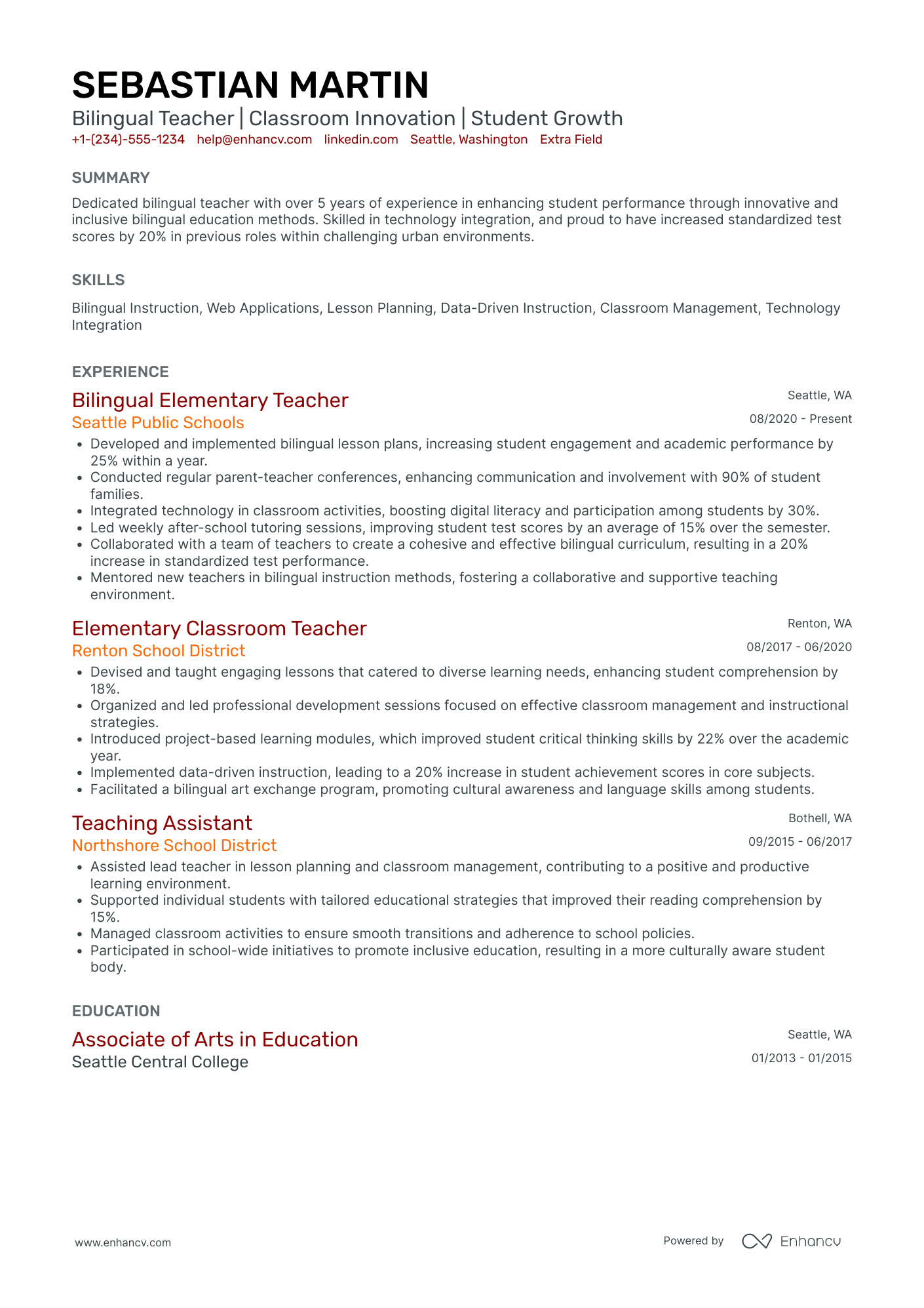 Bilingual Day Care Teacher Resume Example