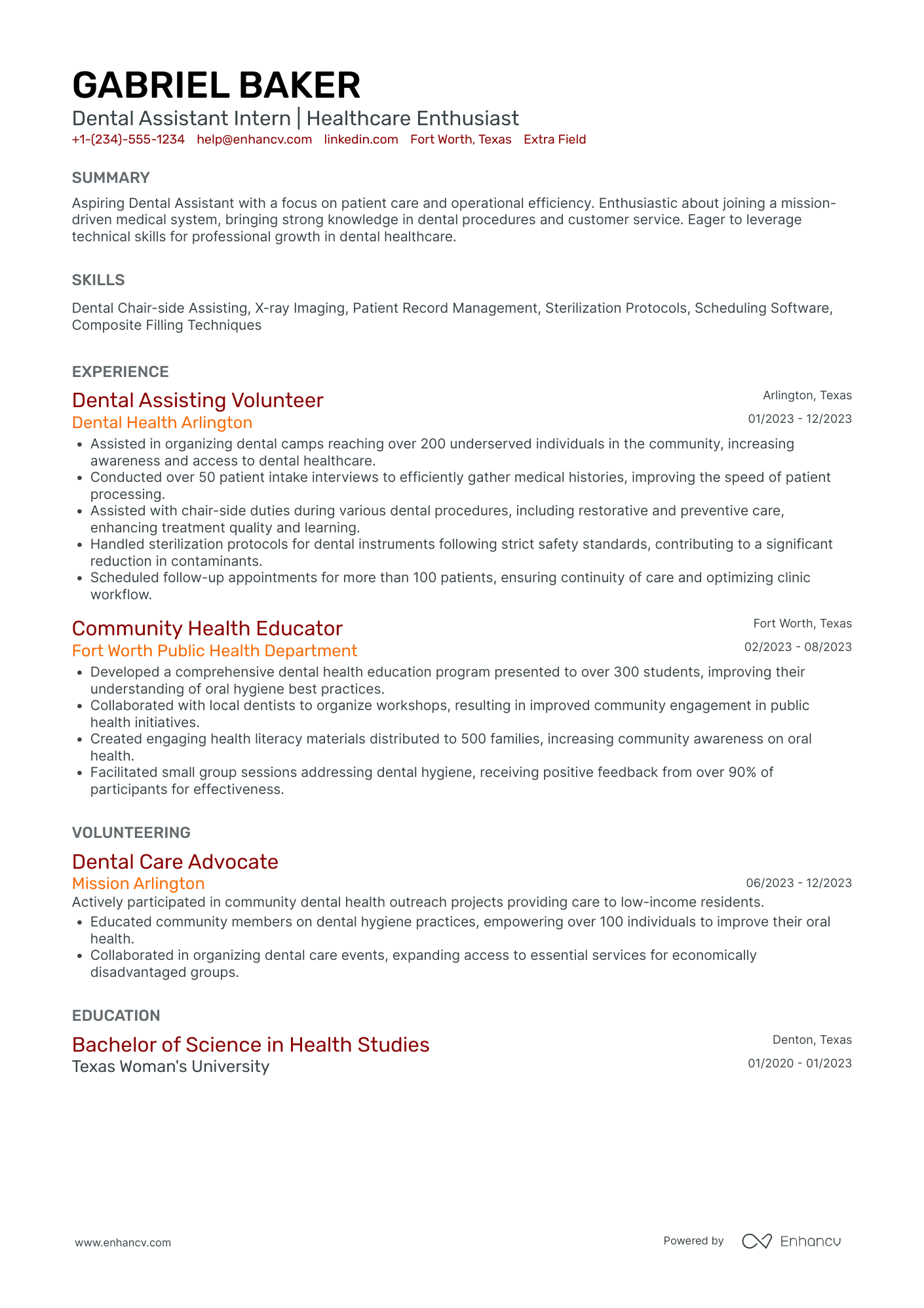 Dental Assistant Intern Resume Example