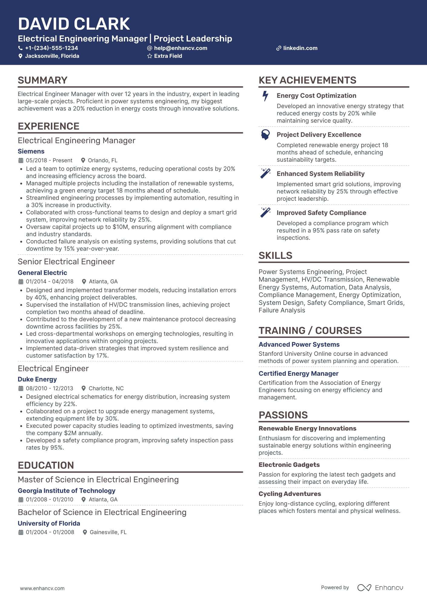 Electrical Engineering Project Manager Resume Example