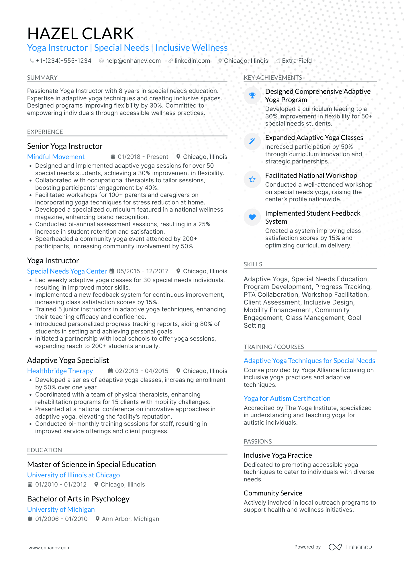 Yoga Instructor for Special Needs Resume Example