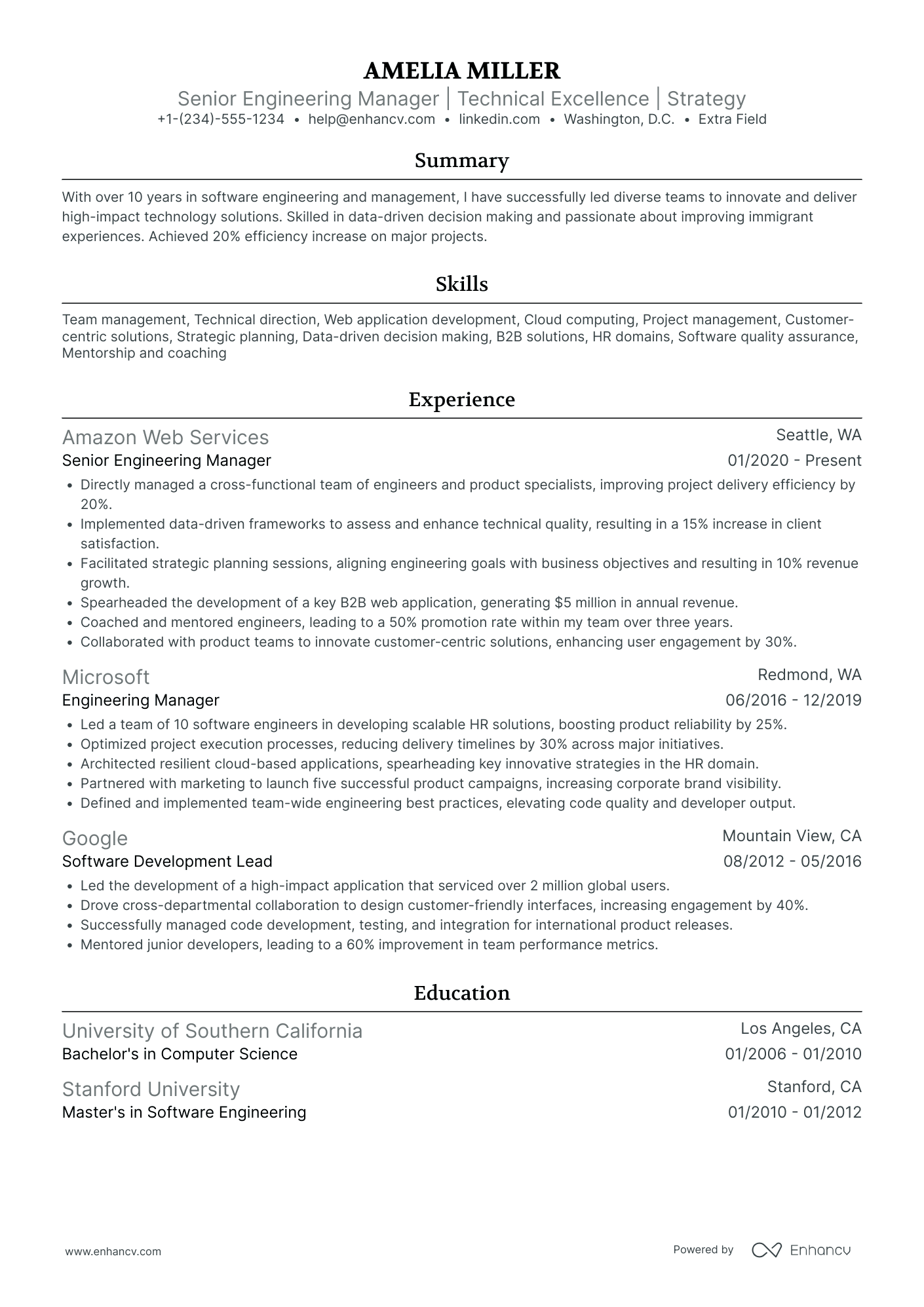 Senior Engineering Manager Resume Example