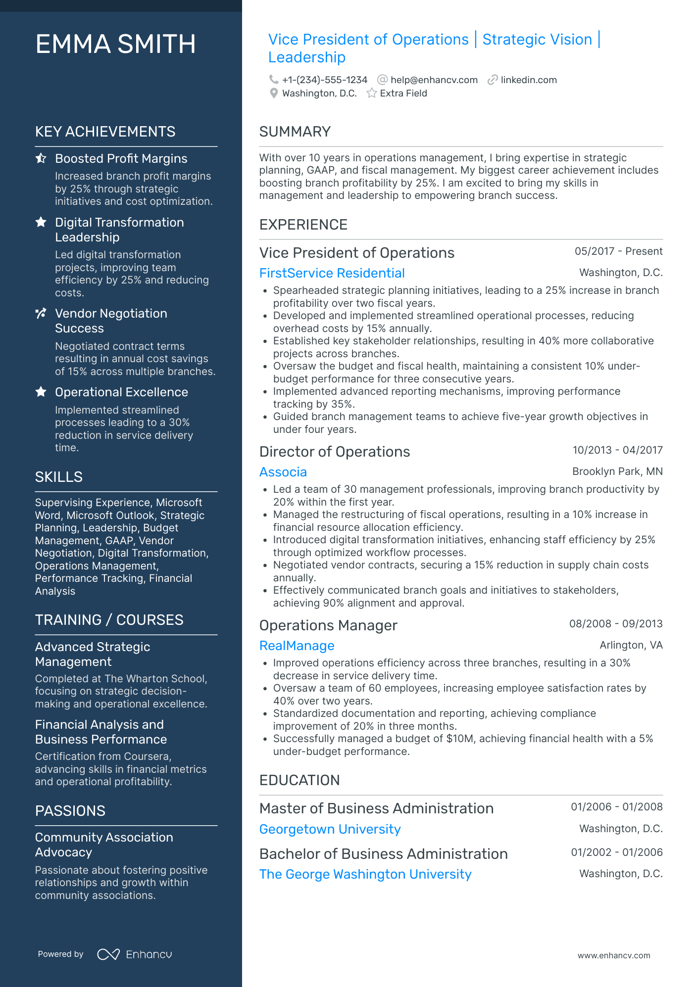 Vice President of Operations Resume Example