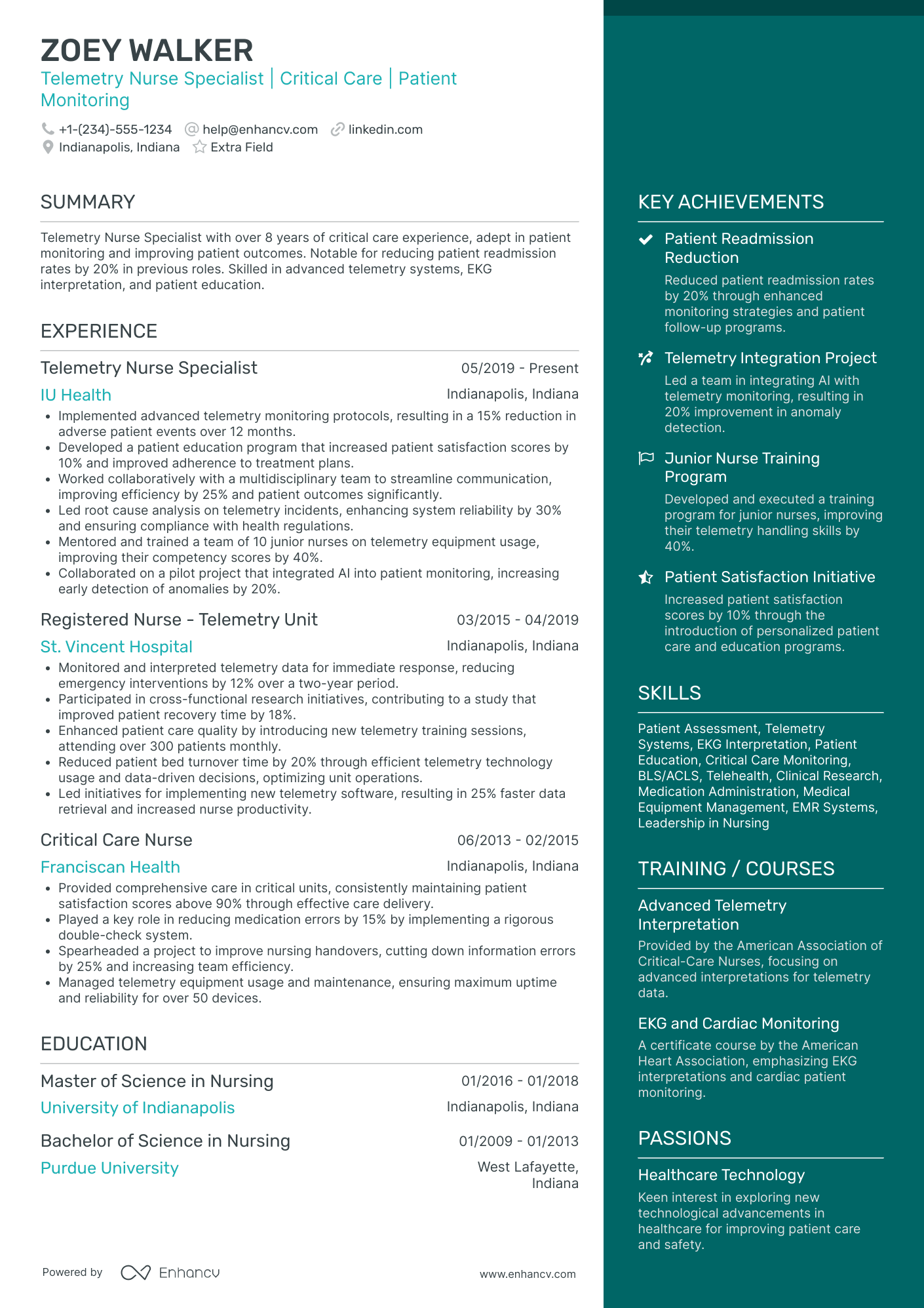 Telemetry Nurse Specialist Resume Example