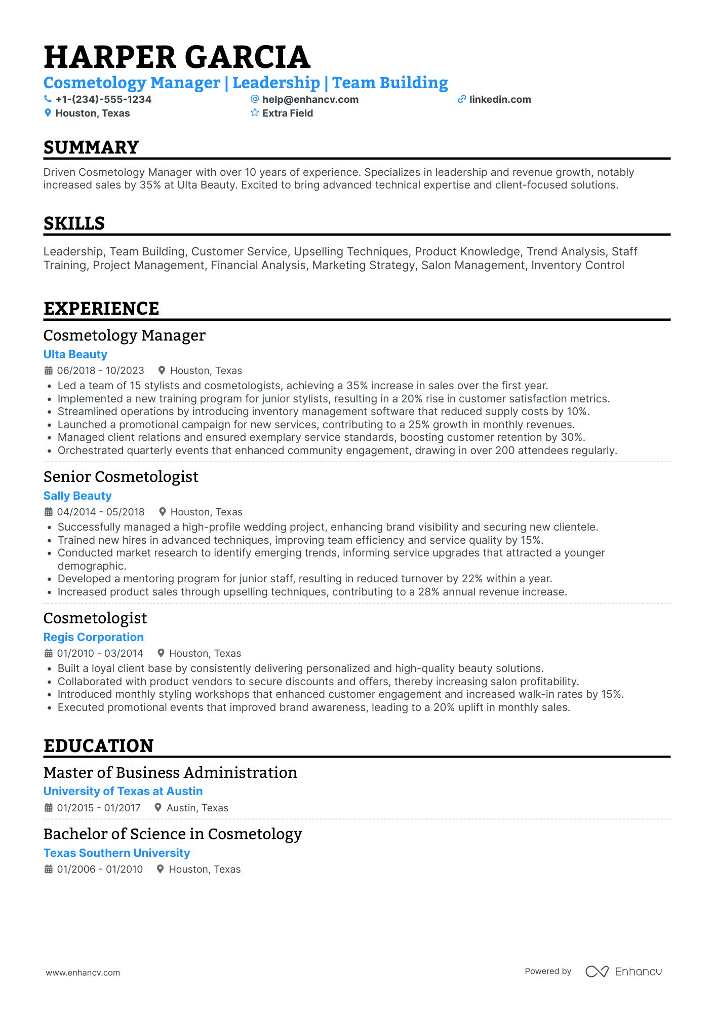 Cosmetology Manager Resume Example