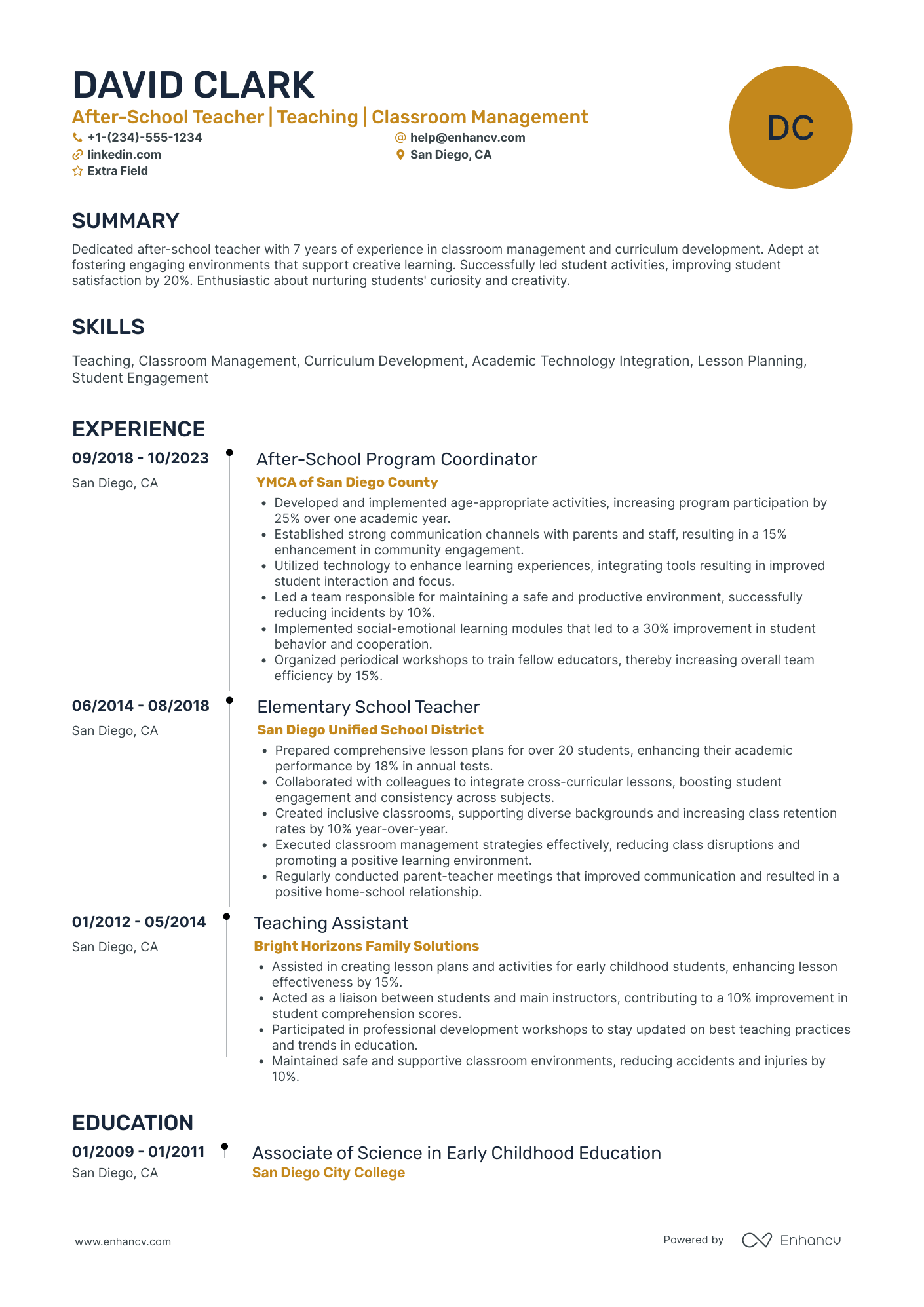 After School Music Teacher Resume Example