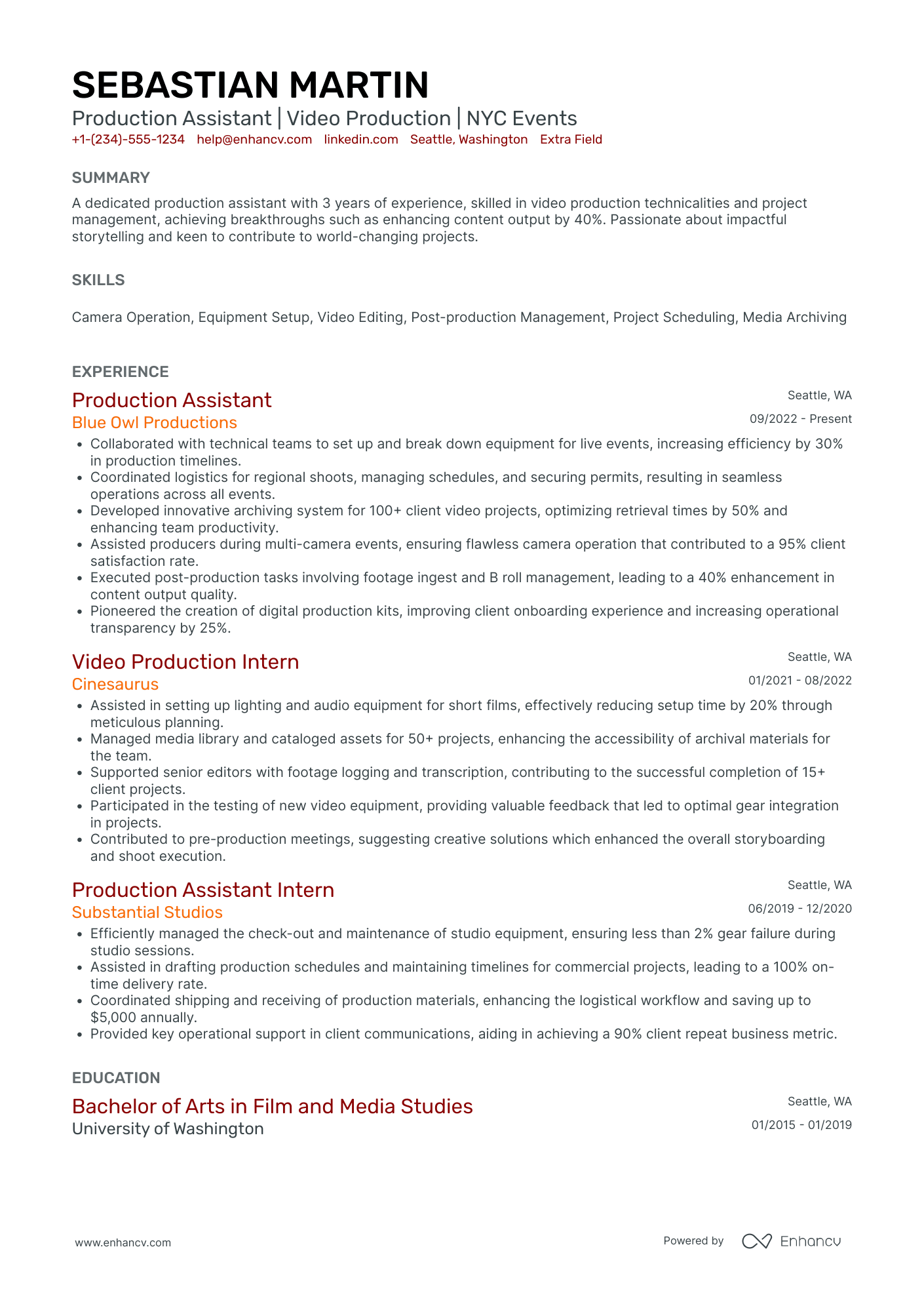 Lead Production Assistant Resume Example