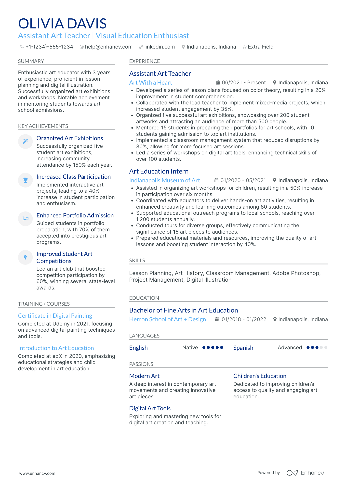 Assistant Art Teacher Resume Example