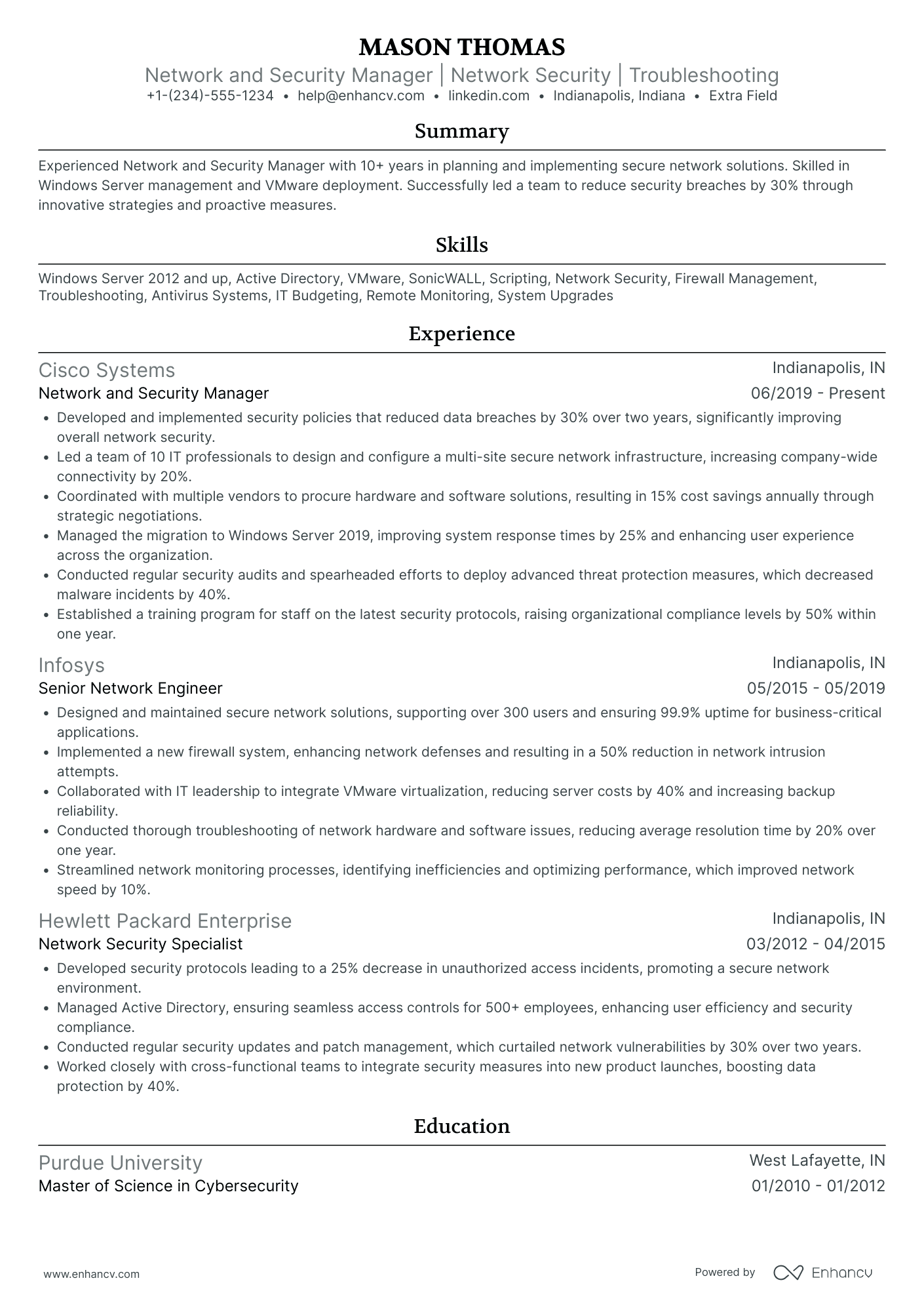 Network Security Manager Resume Example