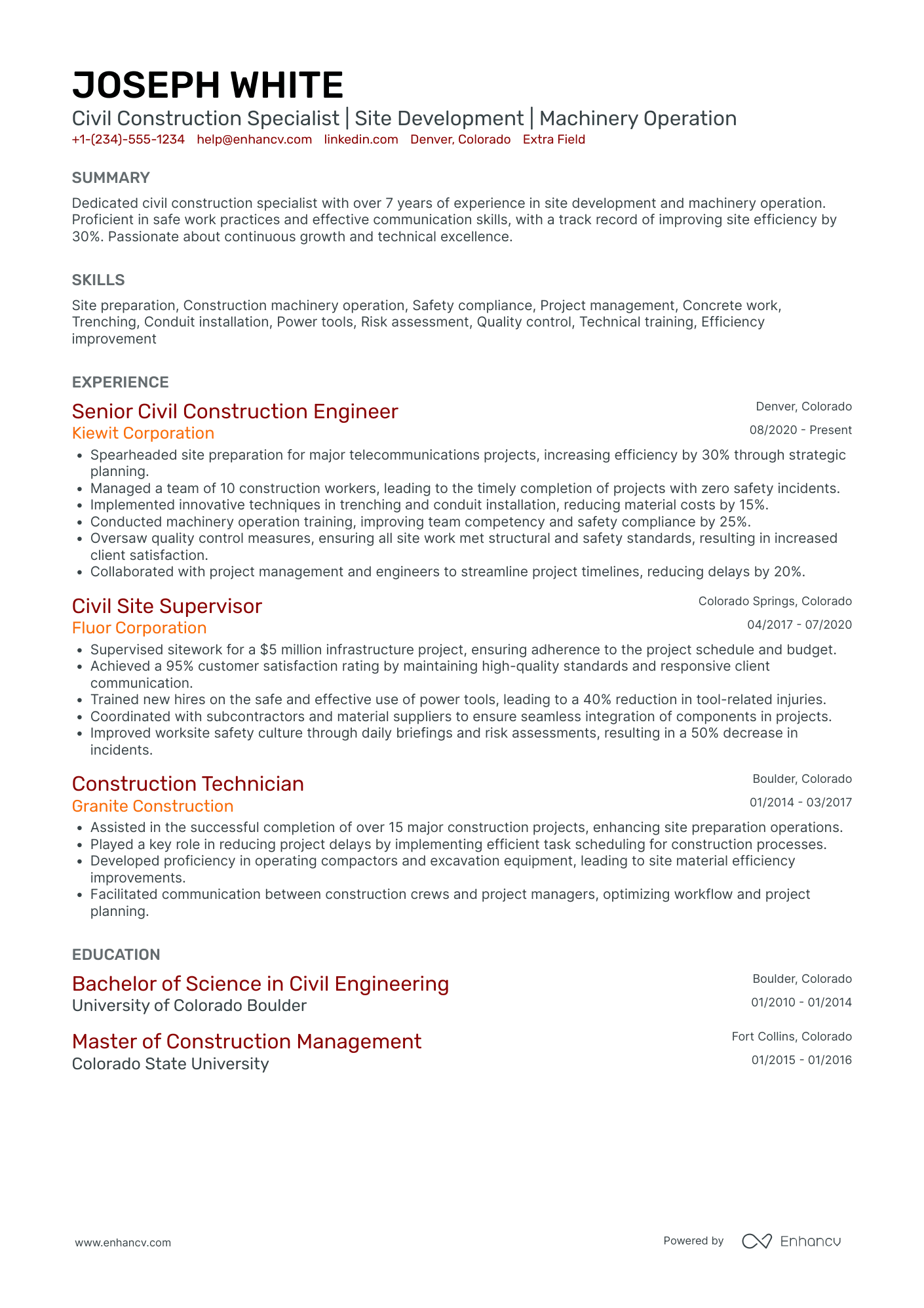 Civil Construction Worker Resume Example