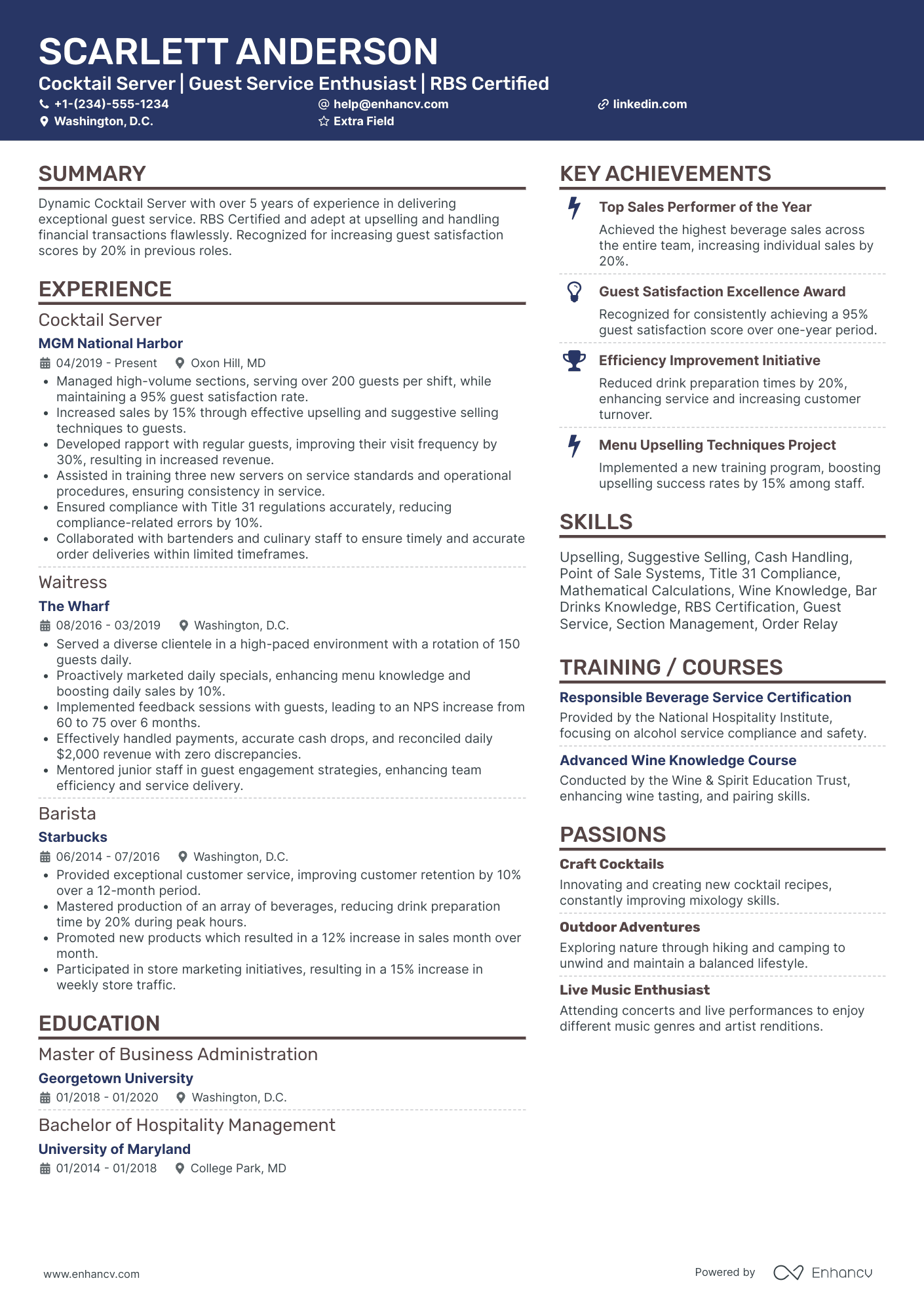 Cocktail Waiter Resume Example