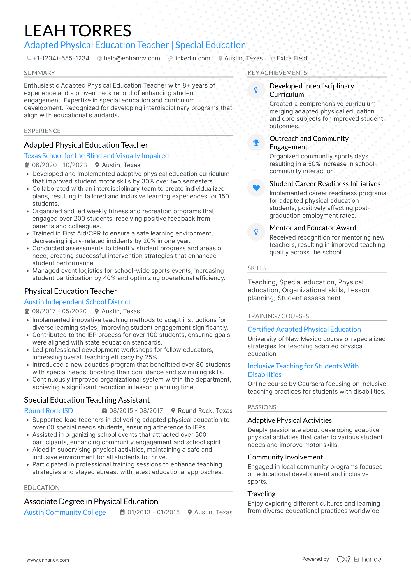 Aquatics Physical Education Teacher Resume Example