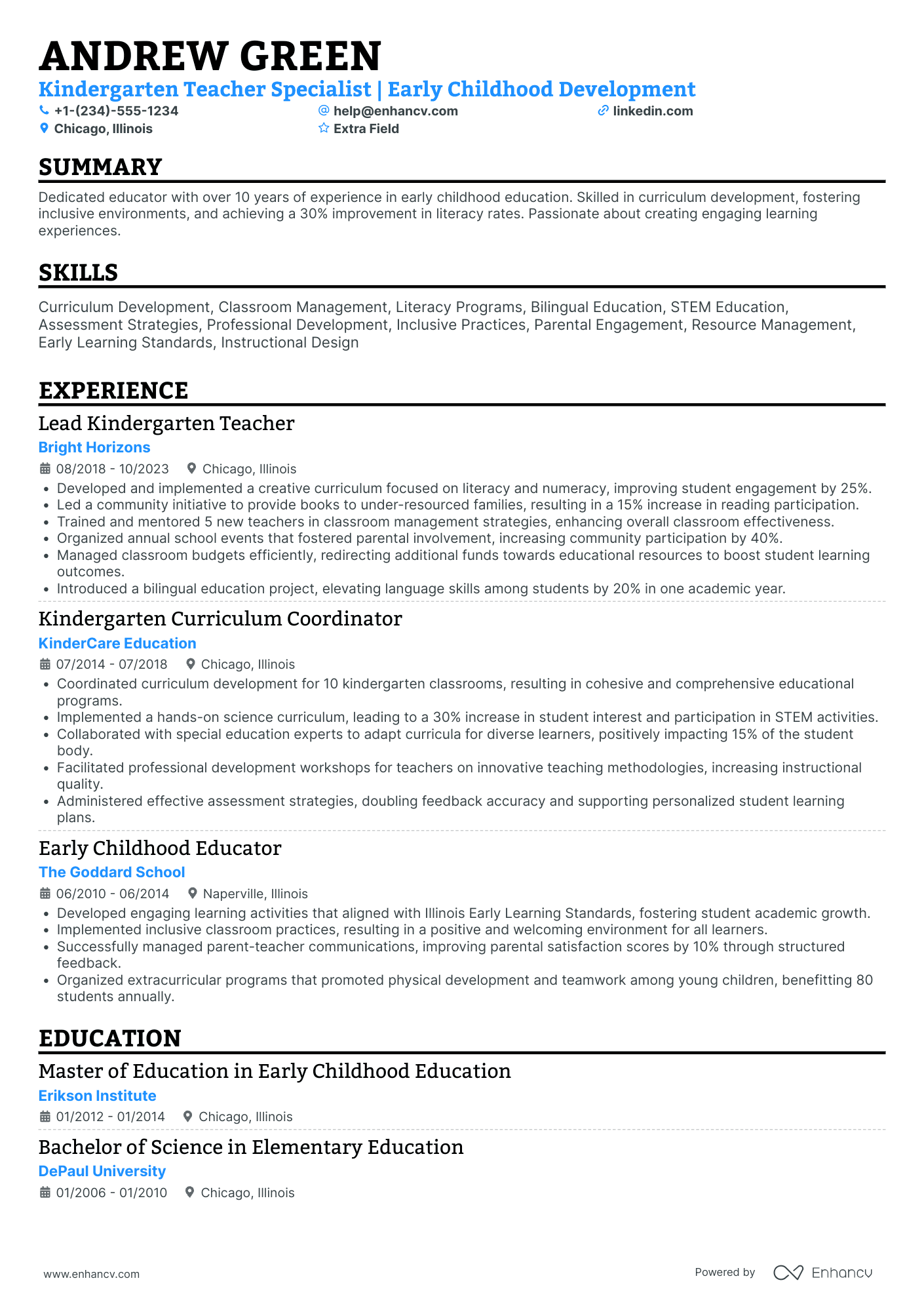 Kindergarten Teacher Specialist Resume Example