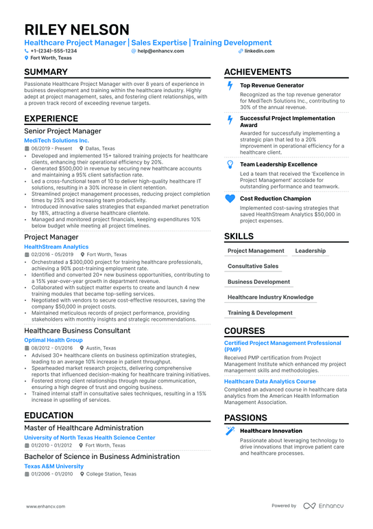 Healthcare Project Manager Resume Example