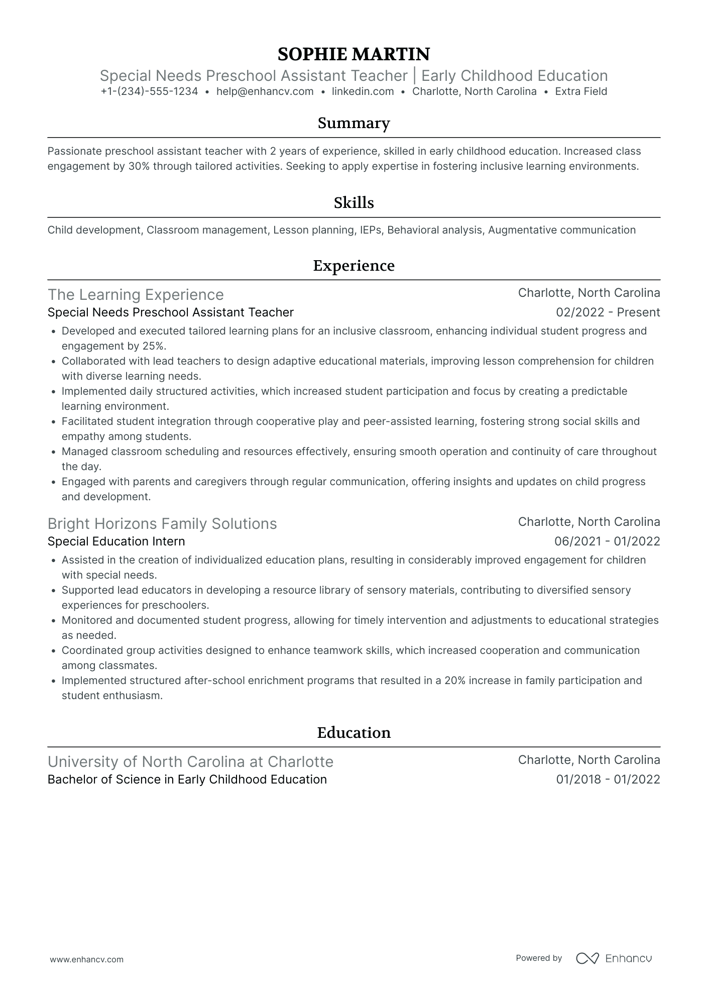 Special Needs Preschool Assistant Teacher Resume Example