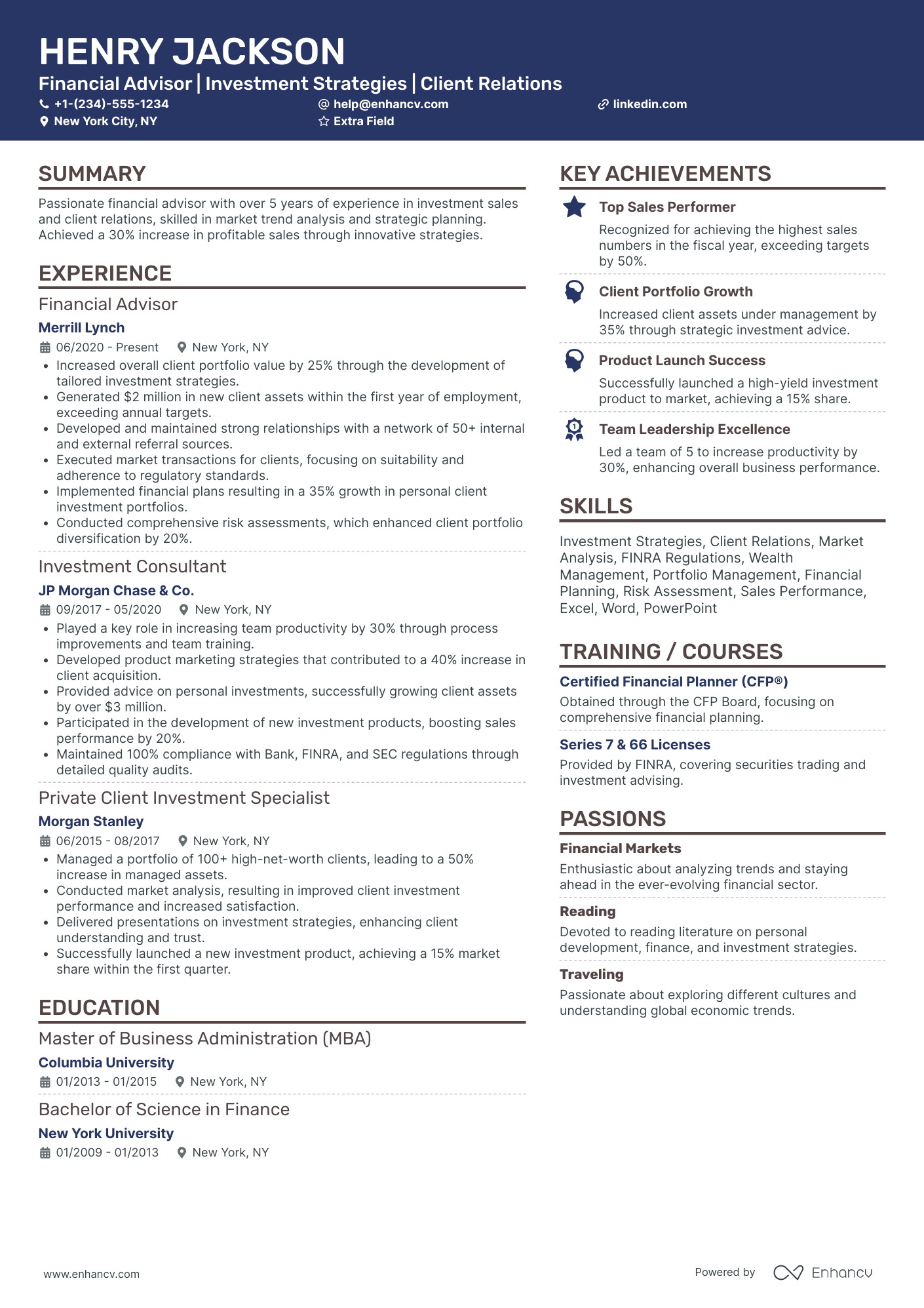 Investment Financial Advisor Resume Example