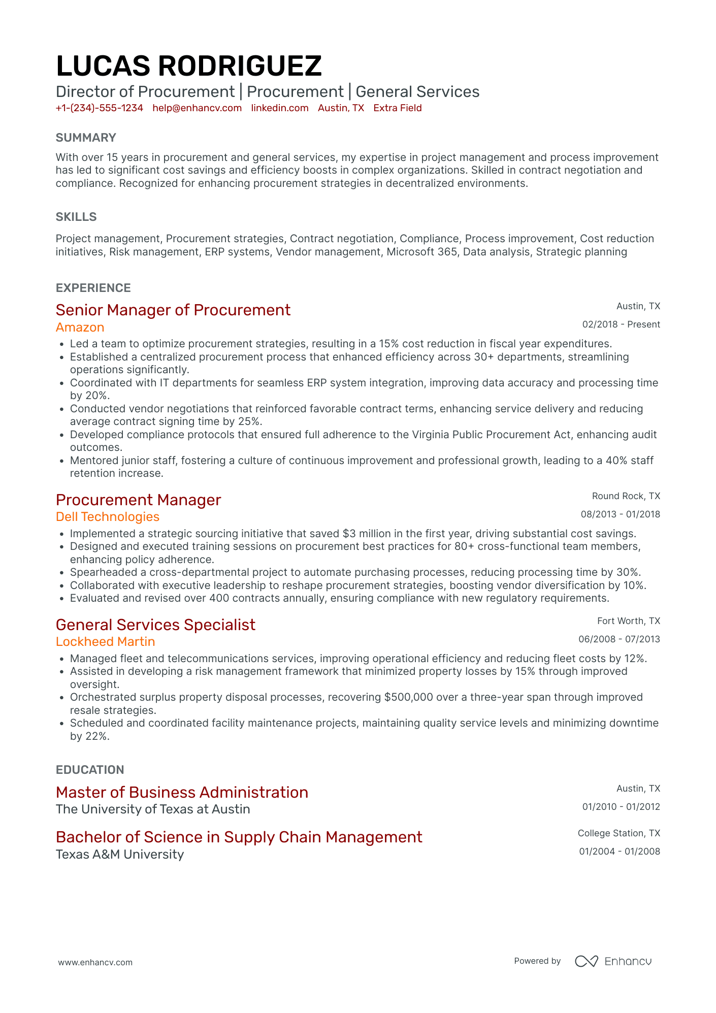 General Manager of Procurement Resume Example