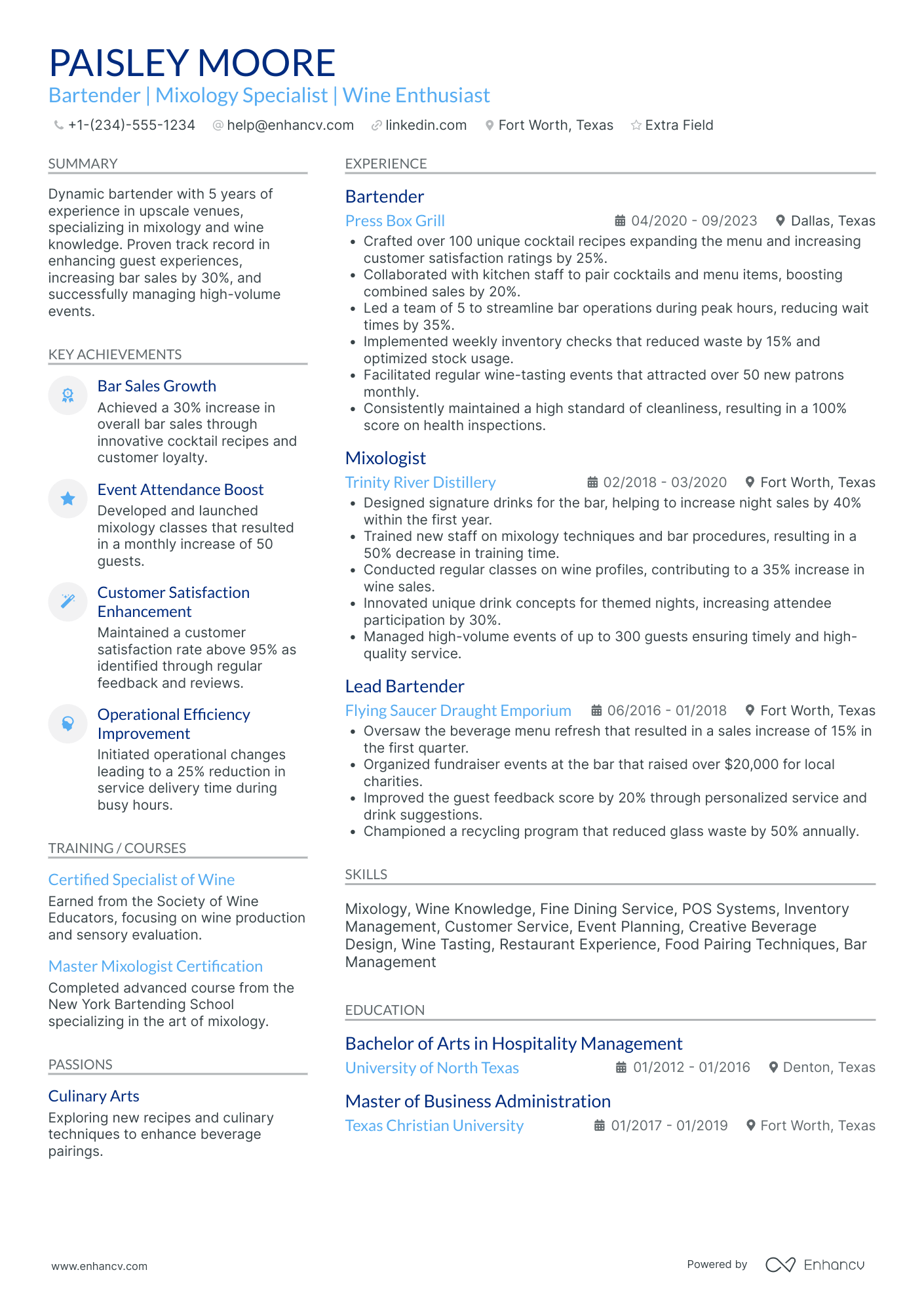 Mixologist Bartender Resume Example