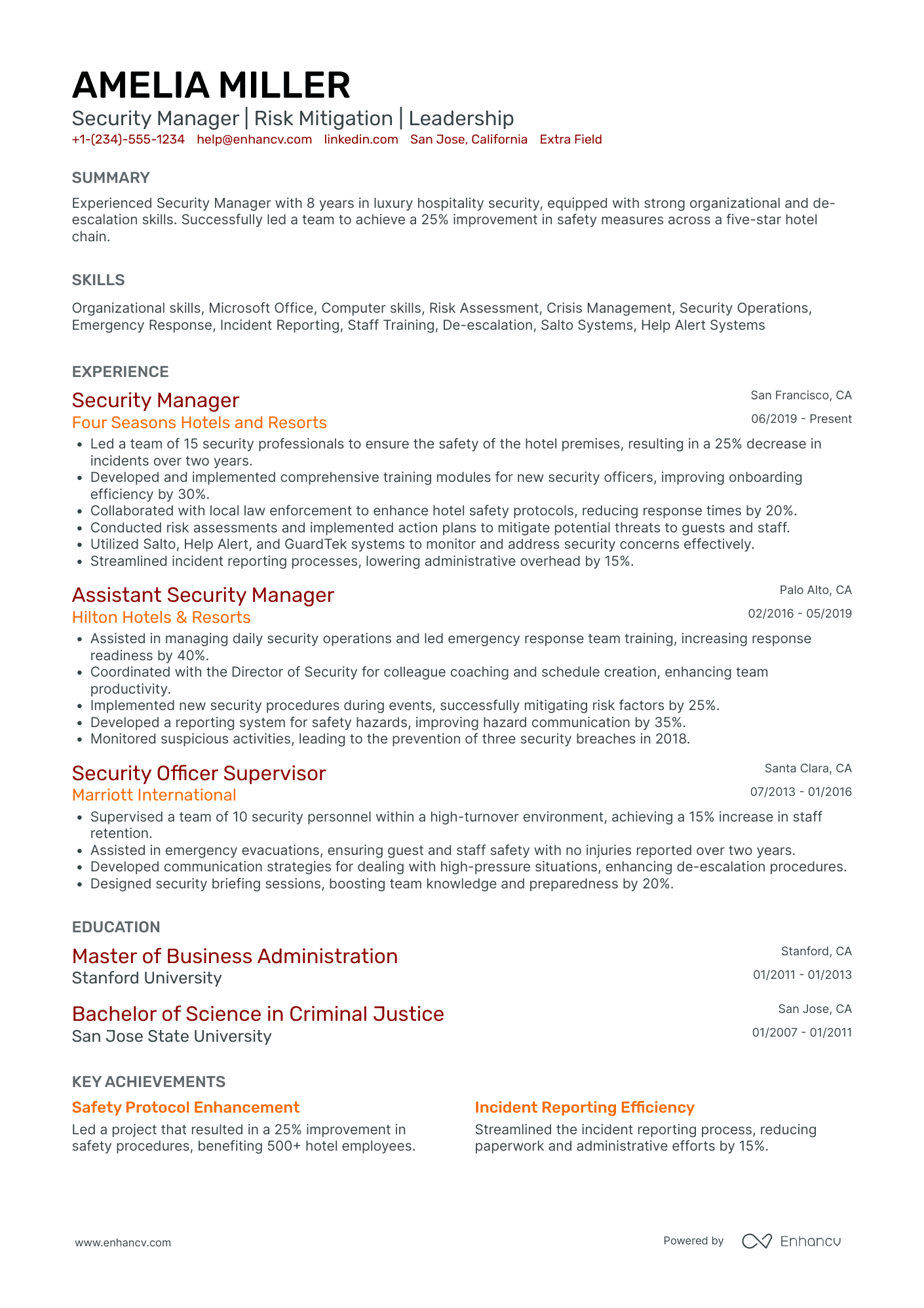 Bank Security Manager Resume Example