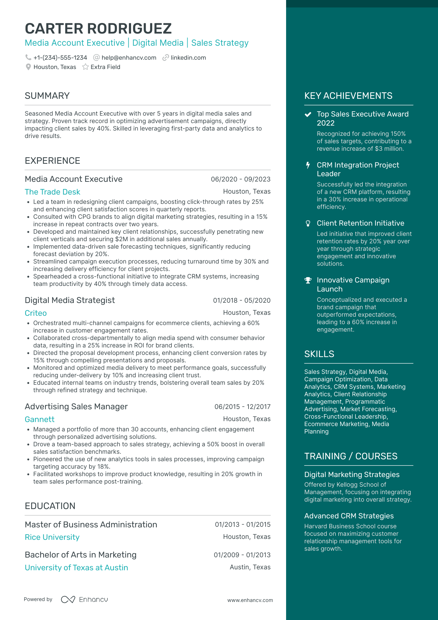 Media Account Executive Resume Example