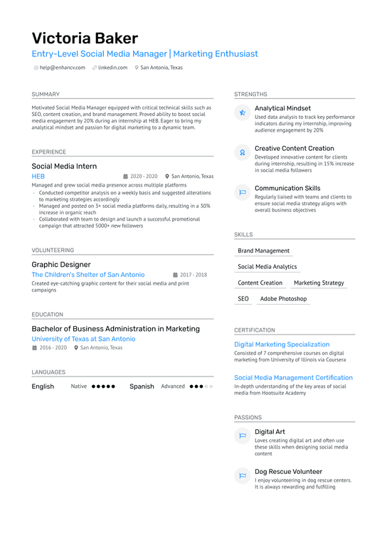 Entry Level Social Media Manager Resume Example