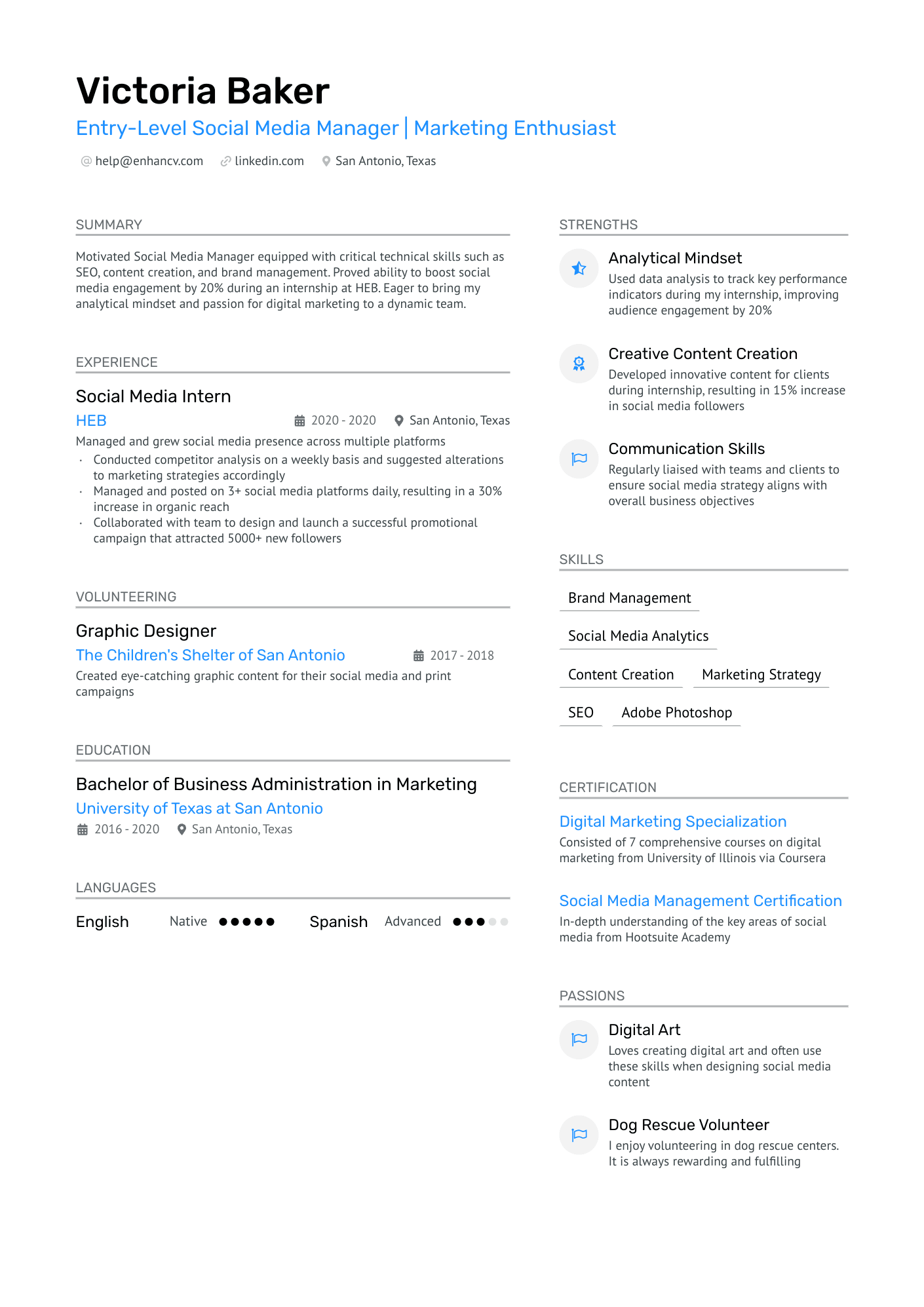 Entry Level Social Media Manager Resume Example