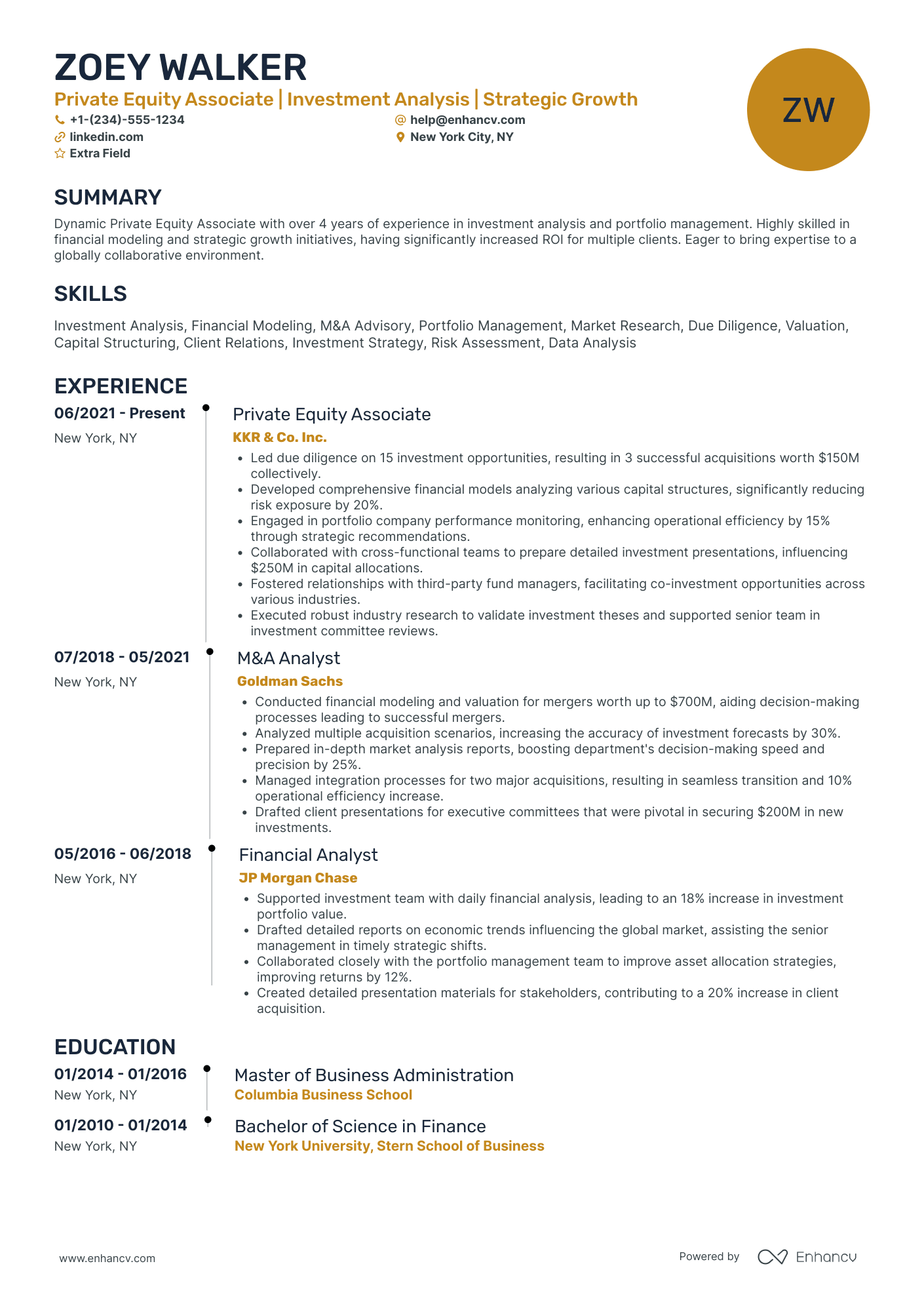 Private Equity Associate Resume Example