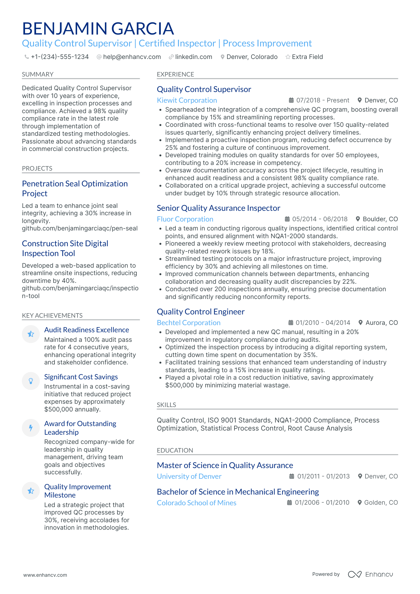 Experienced Quality Control Supervisor Resume Example