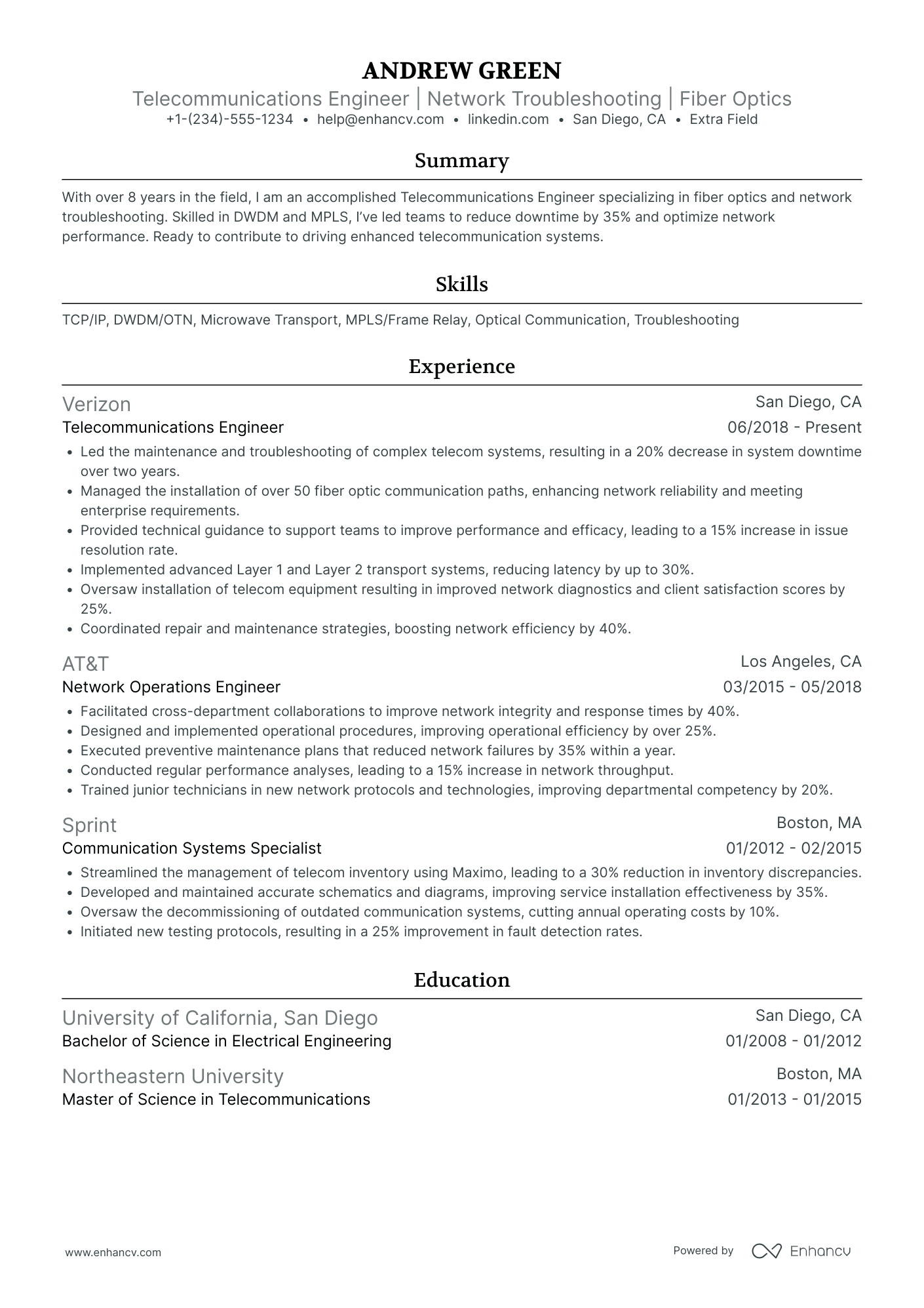 Telecommunications Test Engineer Resume Example