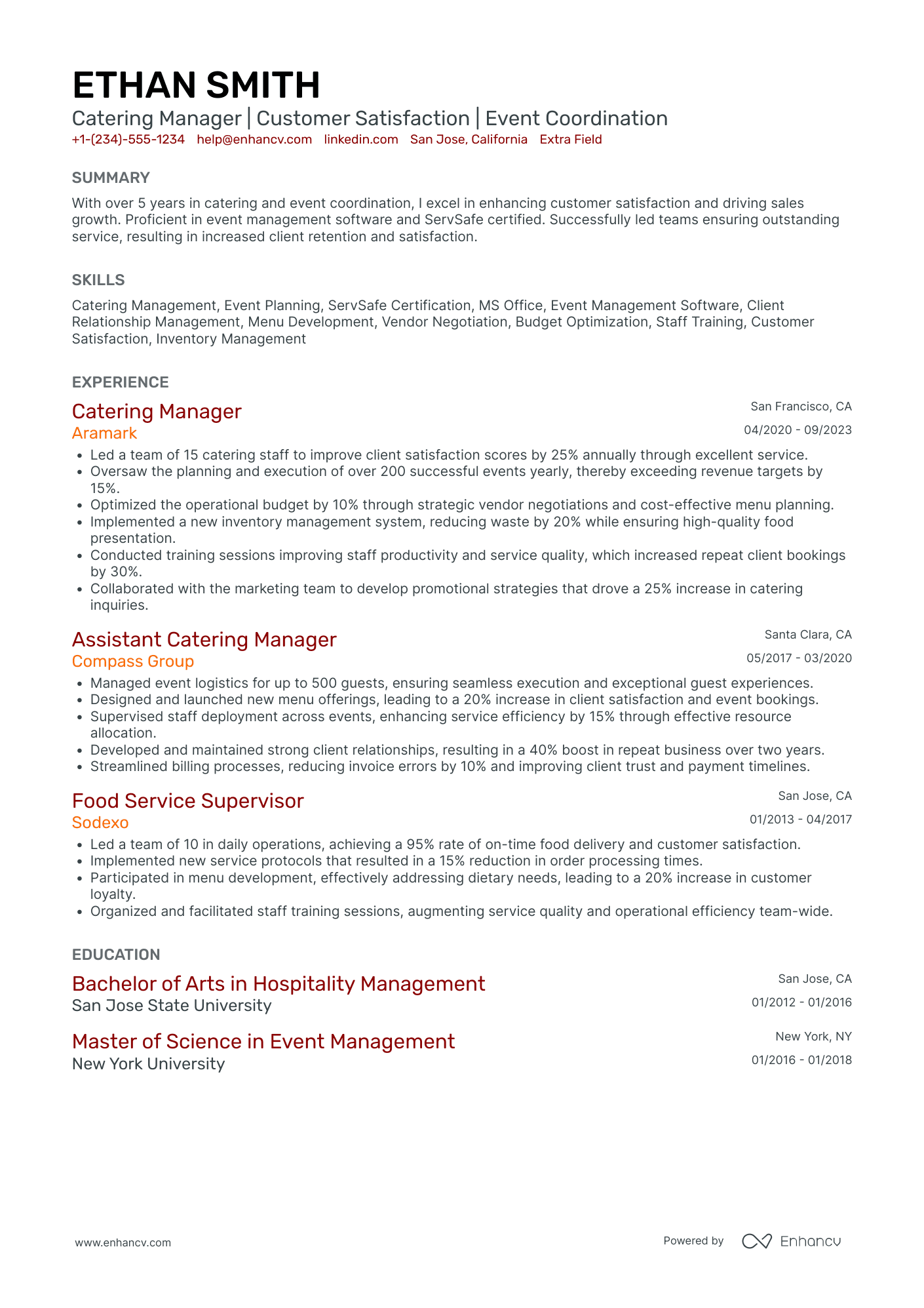 Catering Production Manager Resume Example