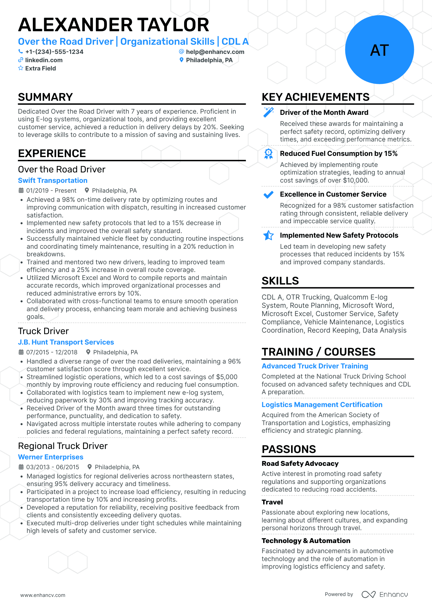 Over the Road Truck Driver Resume Example