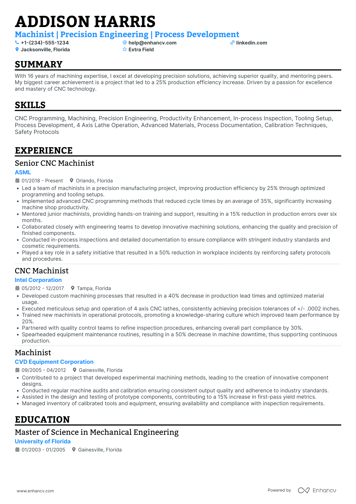 Senior CNC Machinist Resume Example