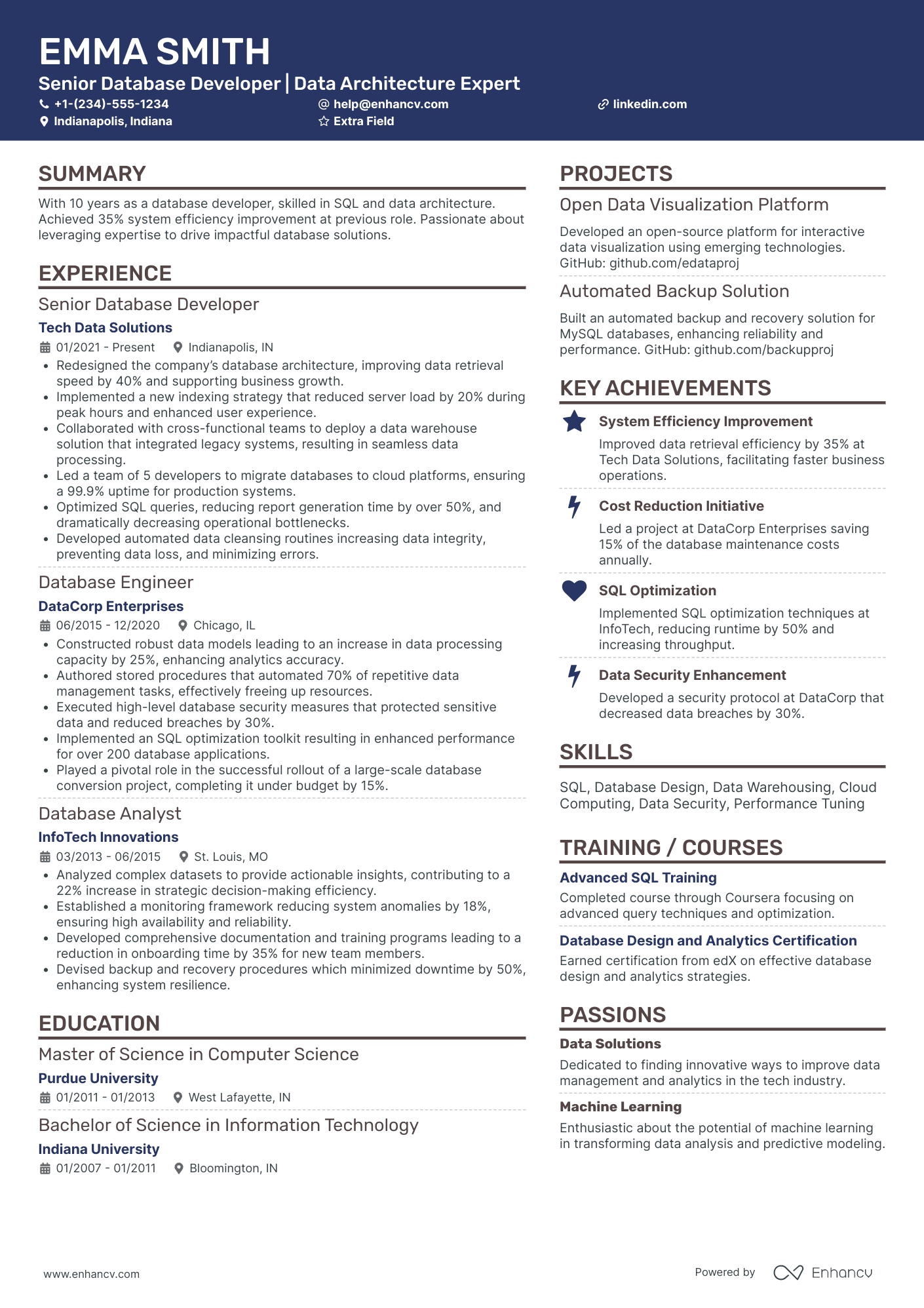 Senior Database Engineer Resume Example