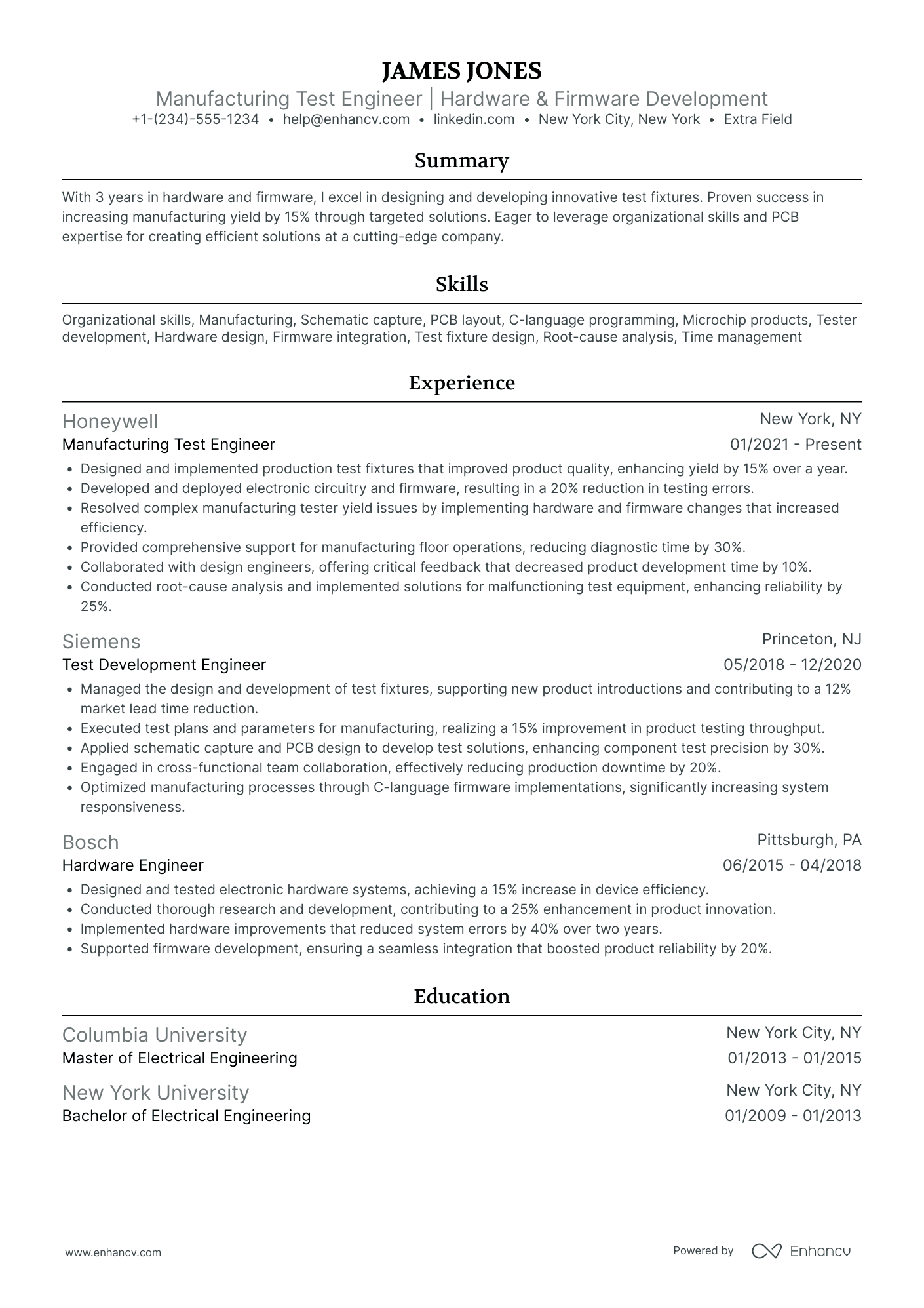 Manufacturing Test Engineer Resume Example