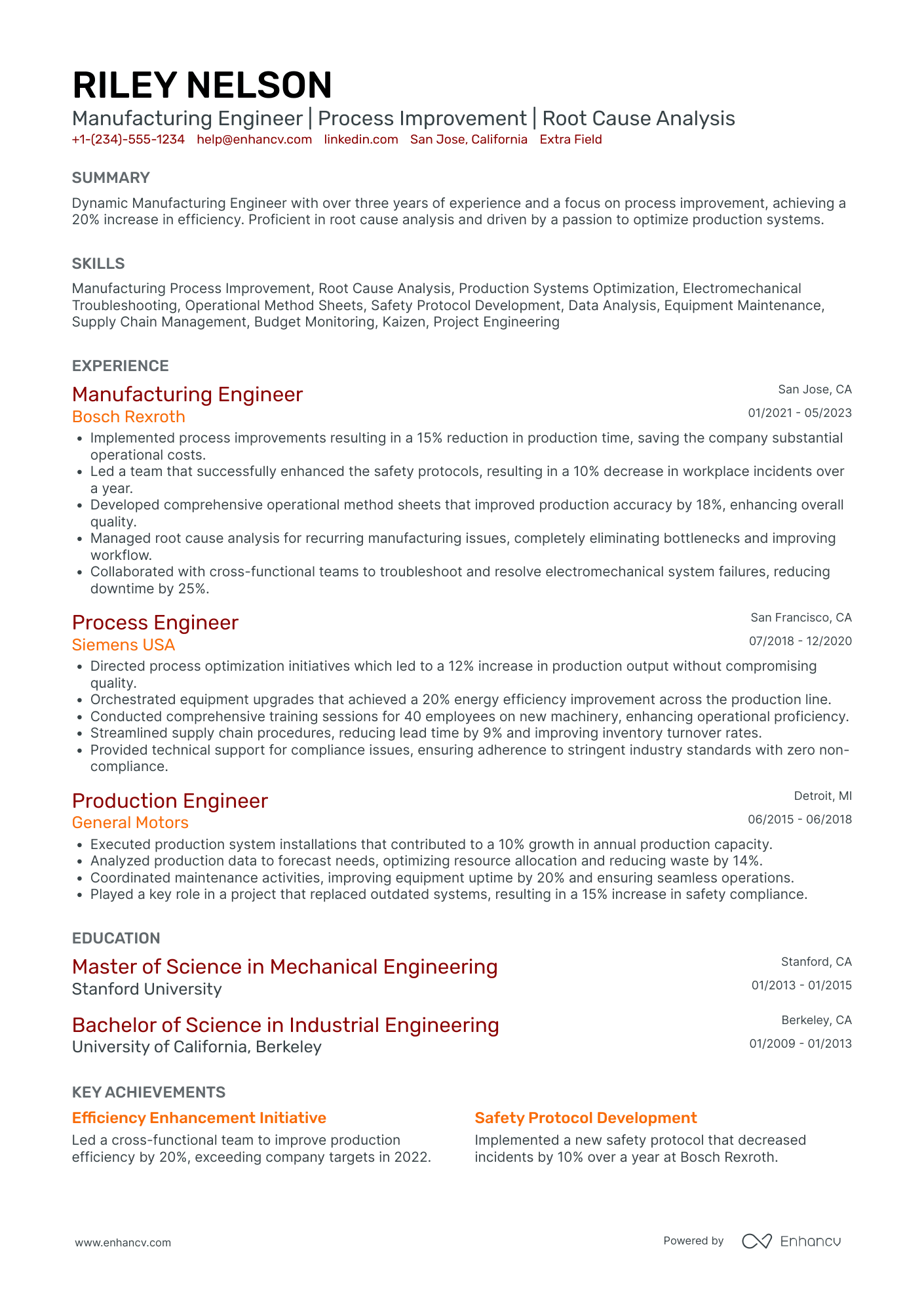 Manufacturing Equipment Engineer Resume Example