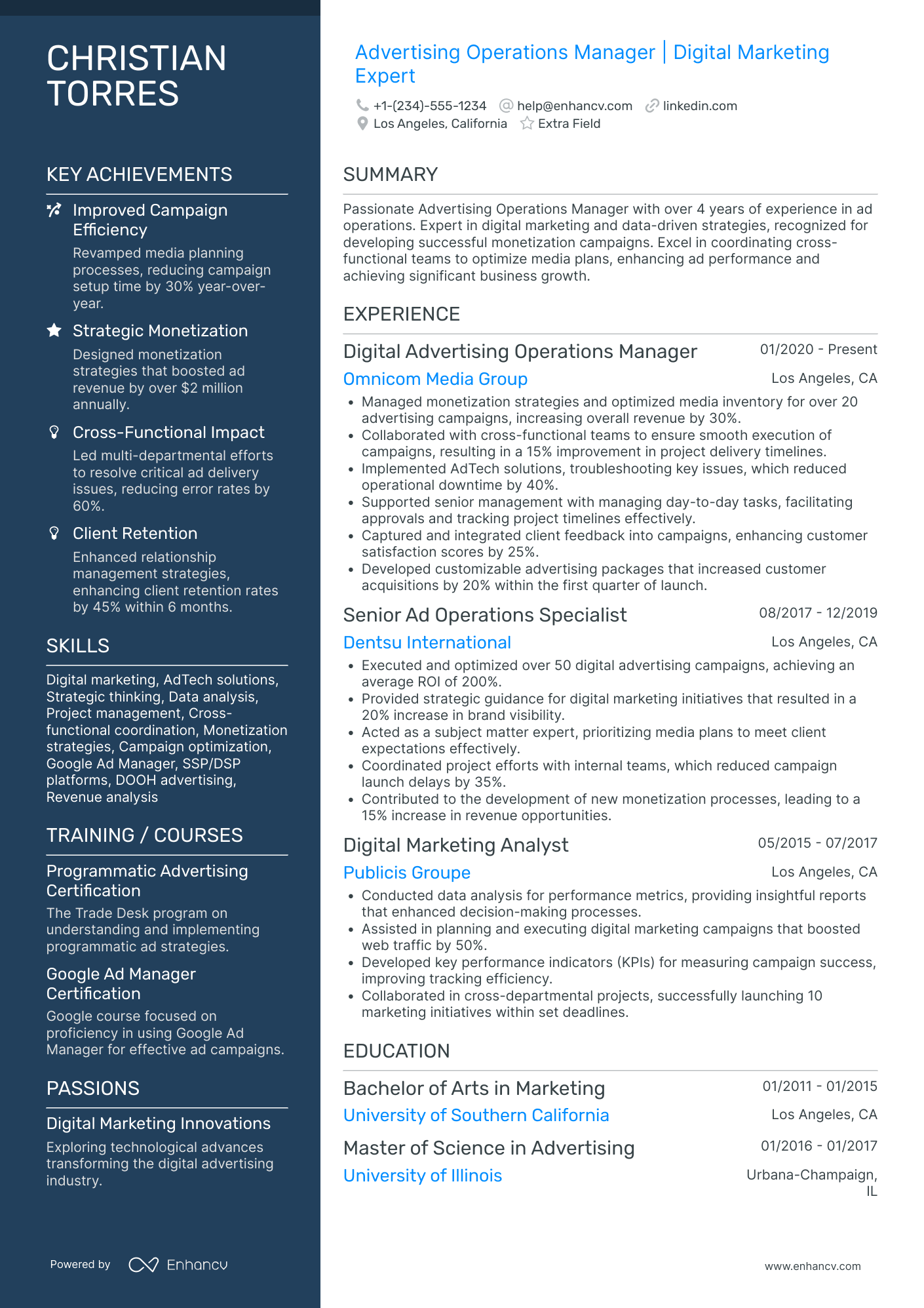 Advertising Operations Manager Resume Example