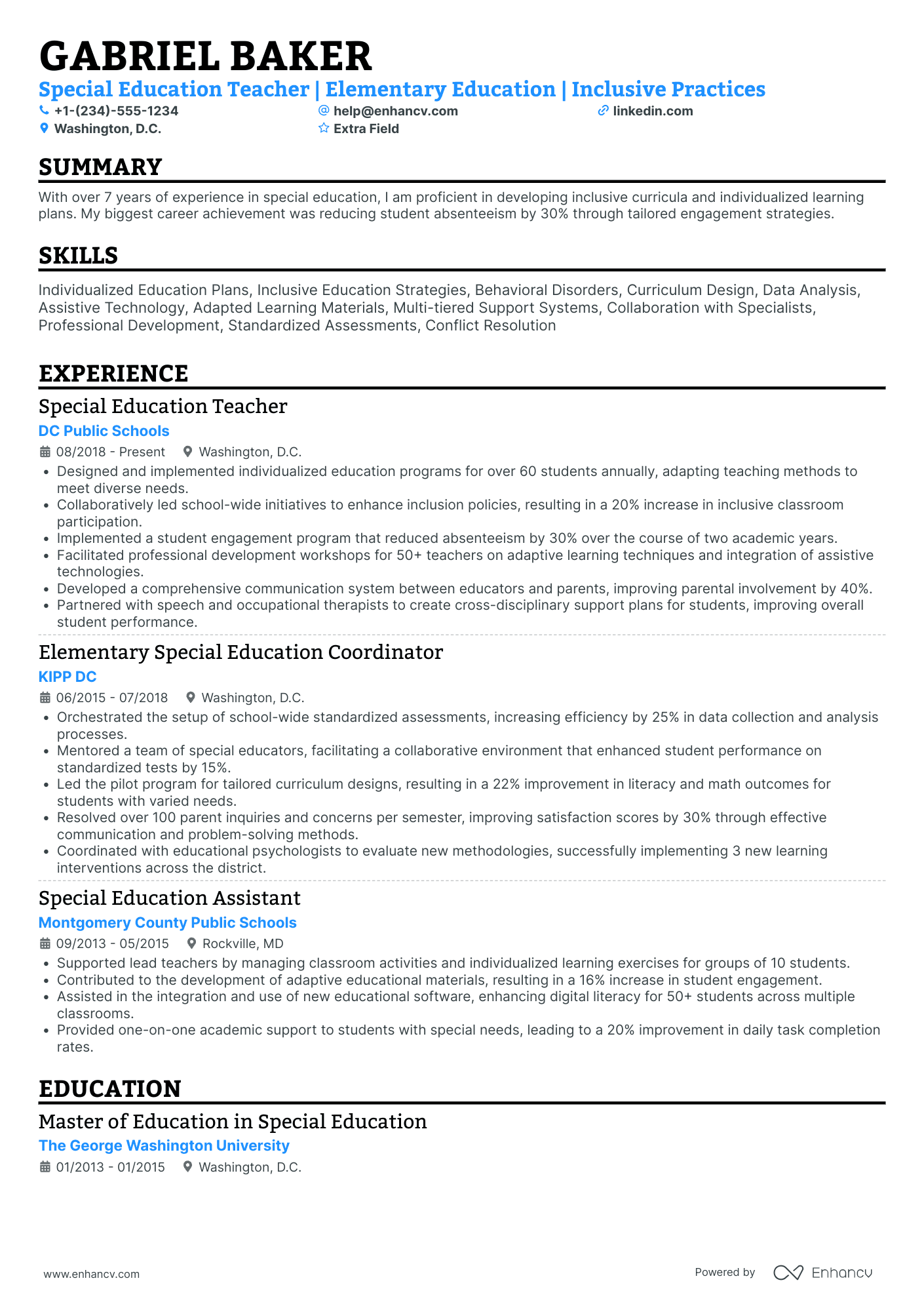 Special Education Teacher for Elementary School Resume Example