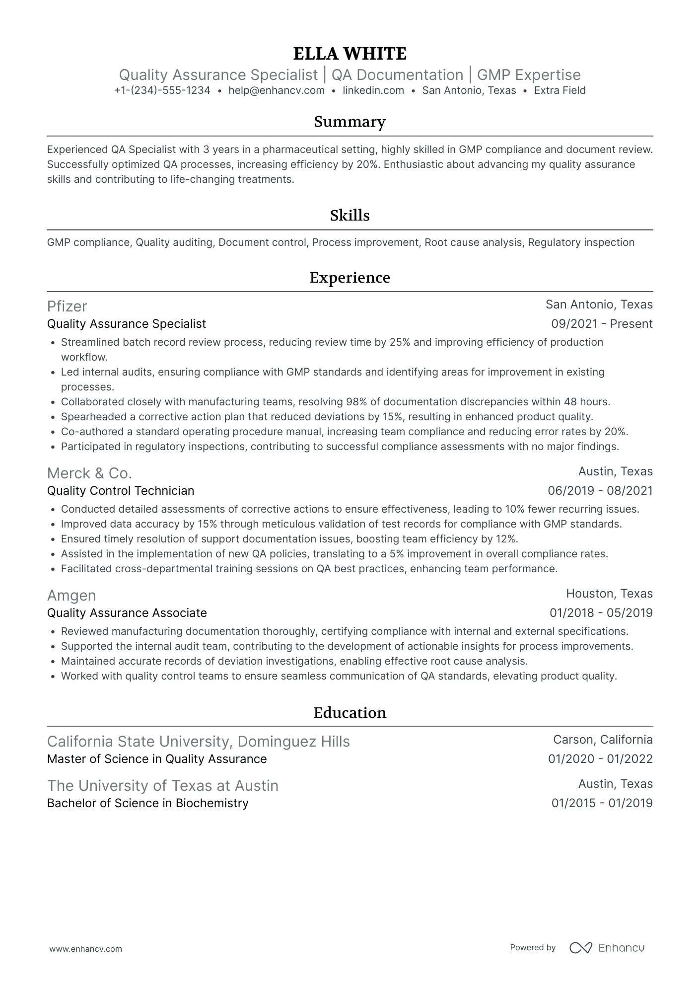 Quality Assurance Specialist I Resume Example