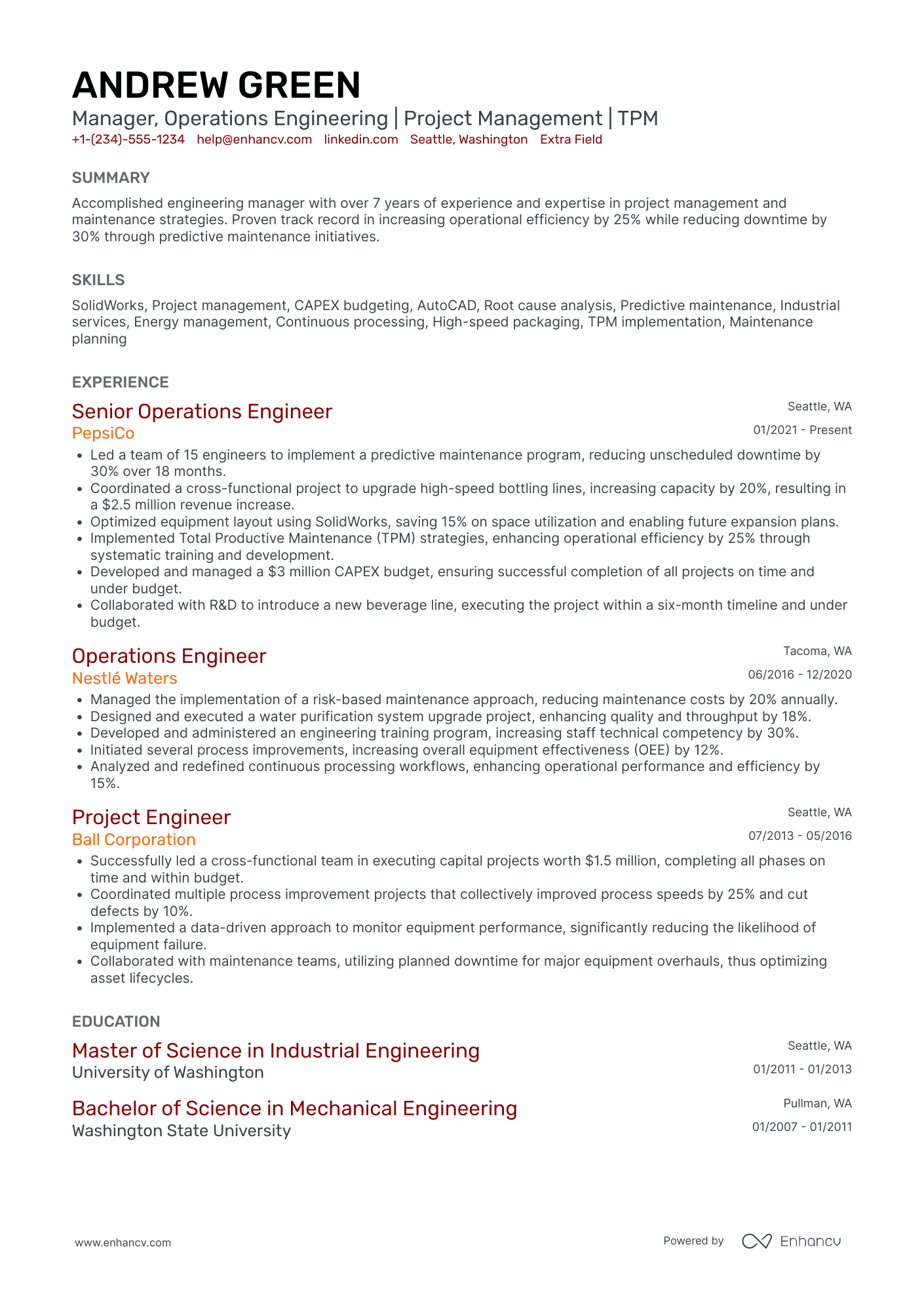 Engineering Operations Manager Resume Example