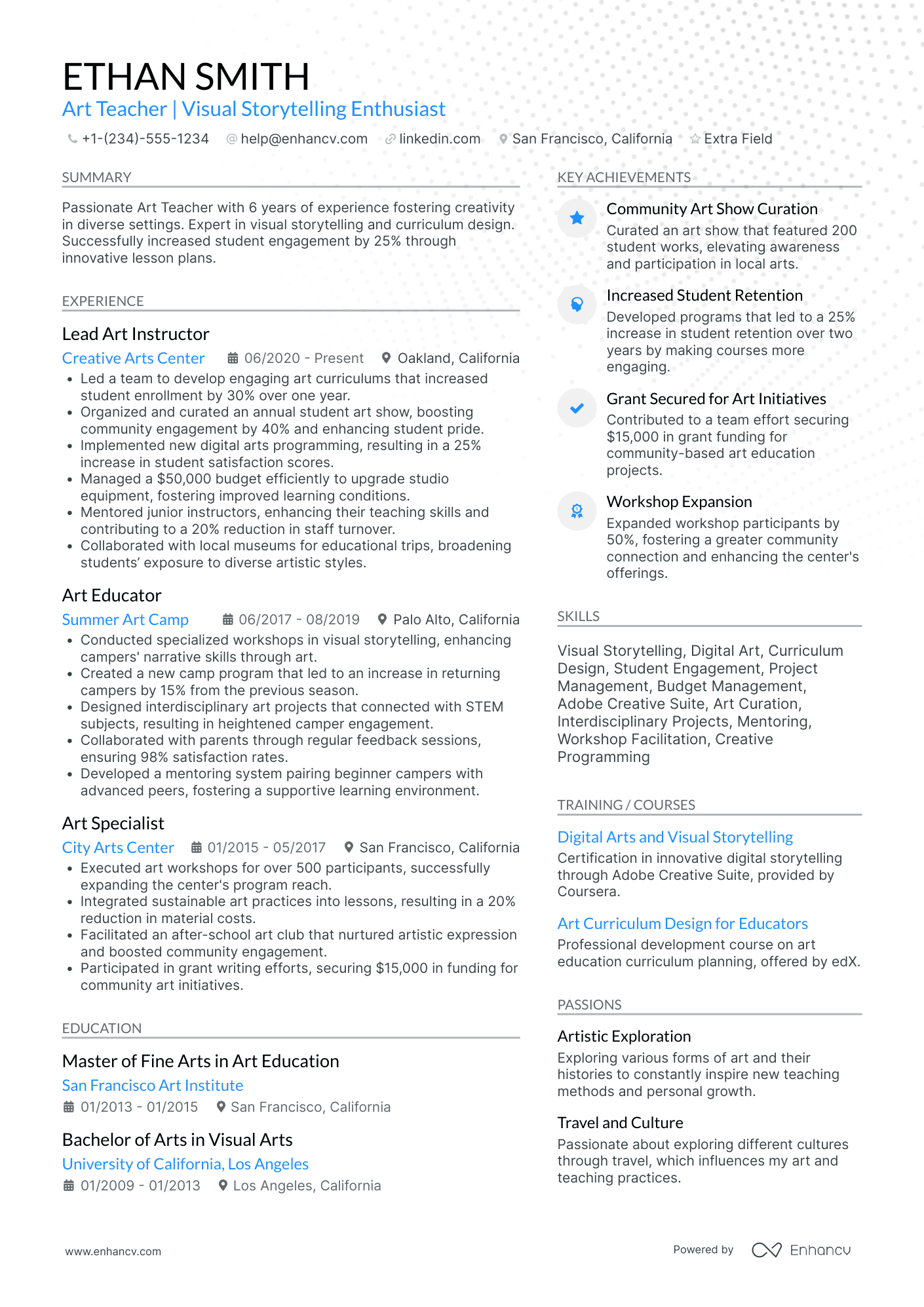 Art Teacher   Summer Camp Resume Example