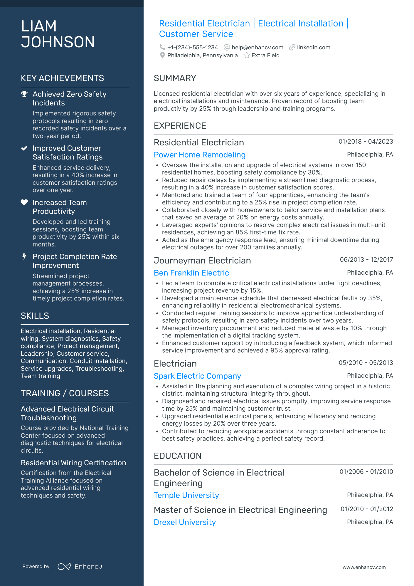 Residential Electrician Resume Example