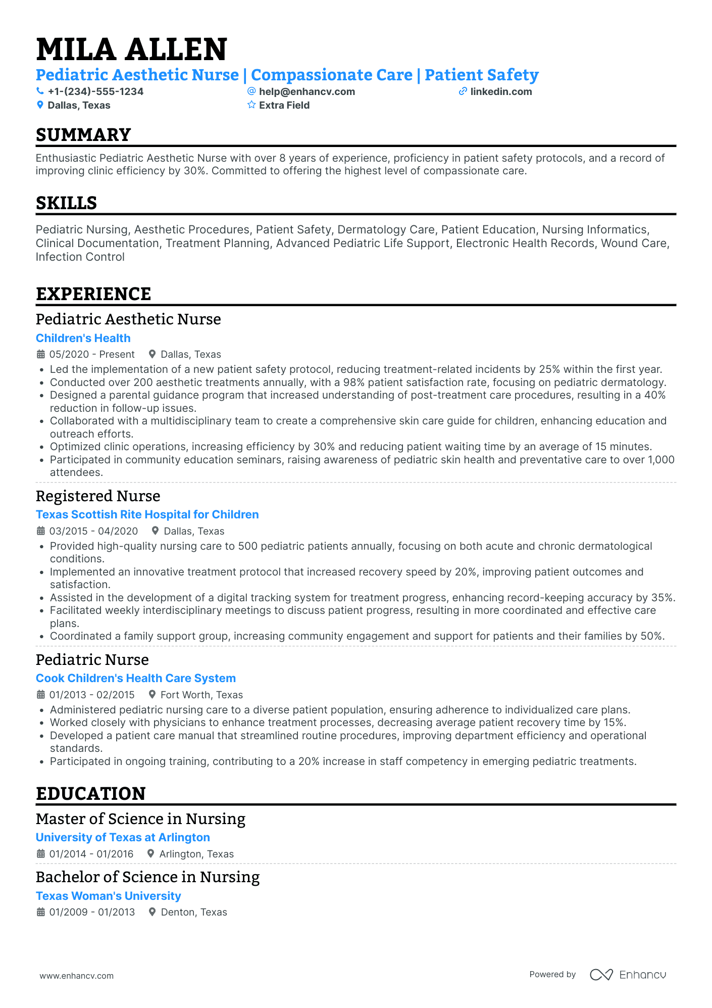 Pediatric Aesthetic Nurse Resume Example