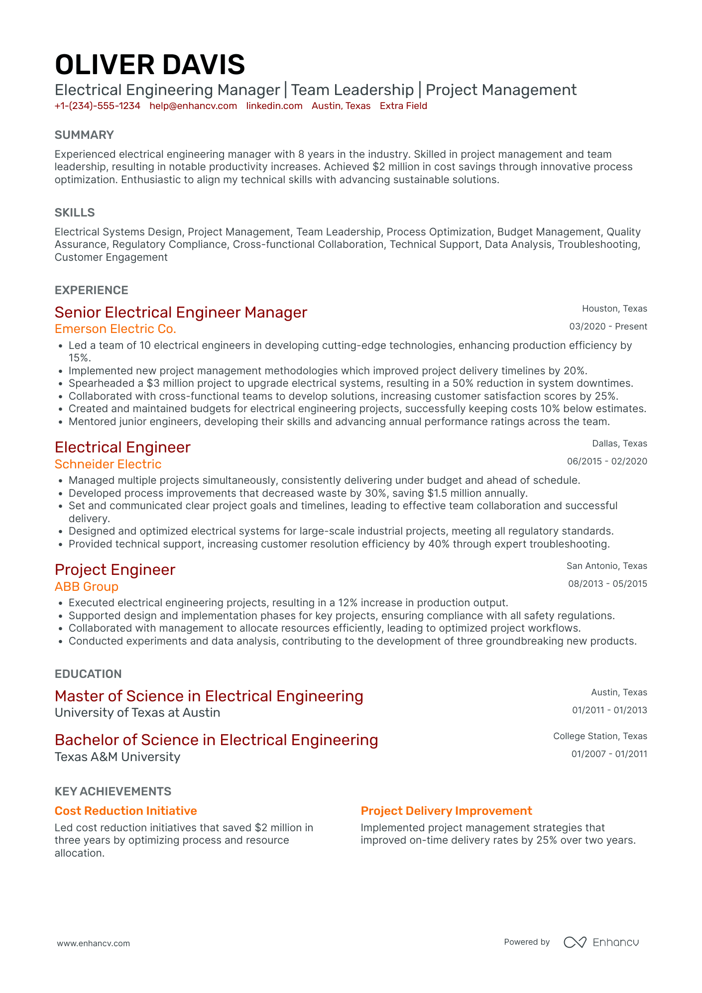 Electrical Engineering Manager Resume Example