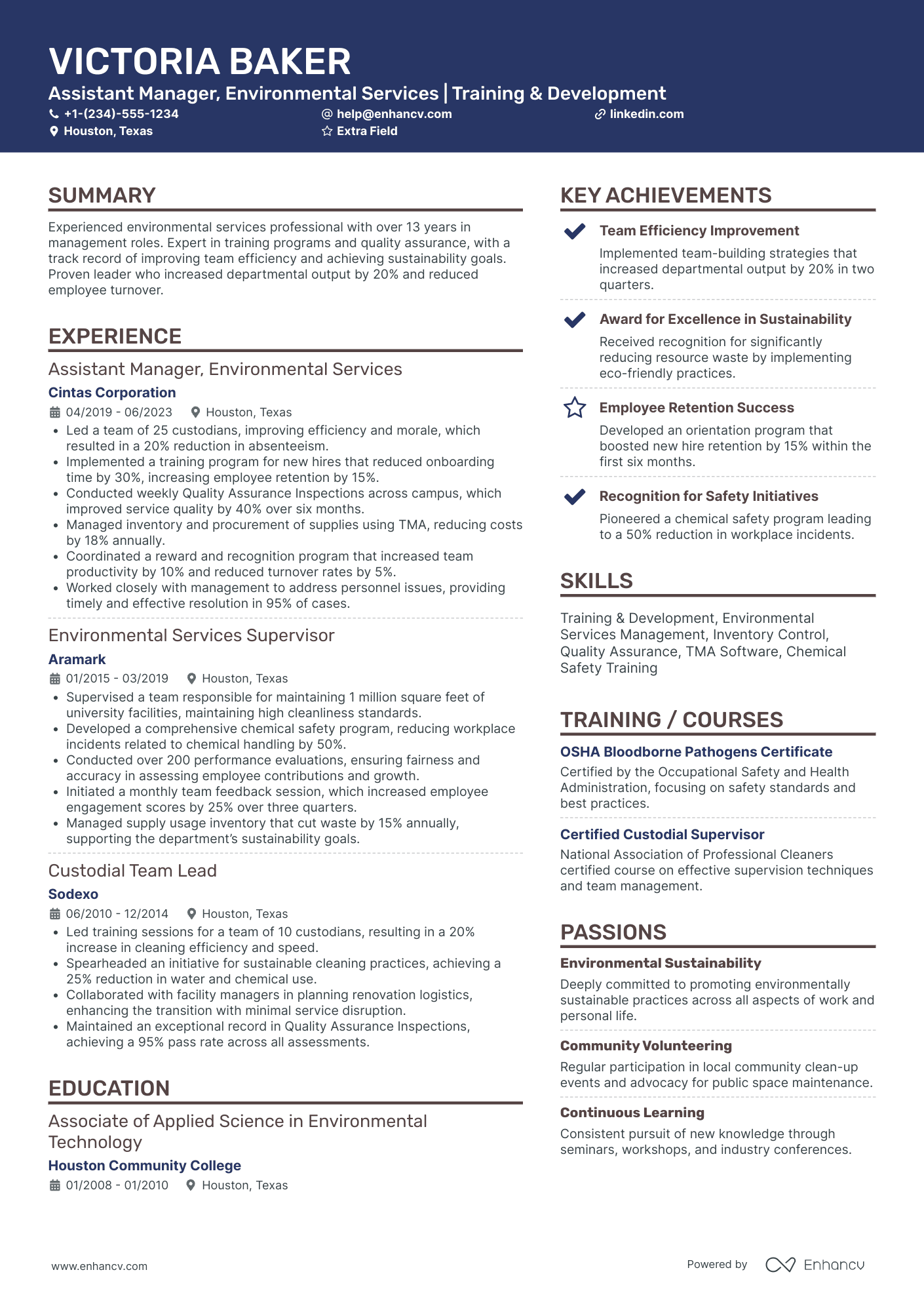 Assistant Environmental Manager Resume Example