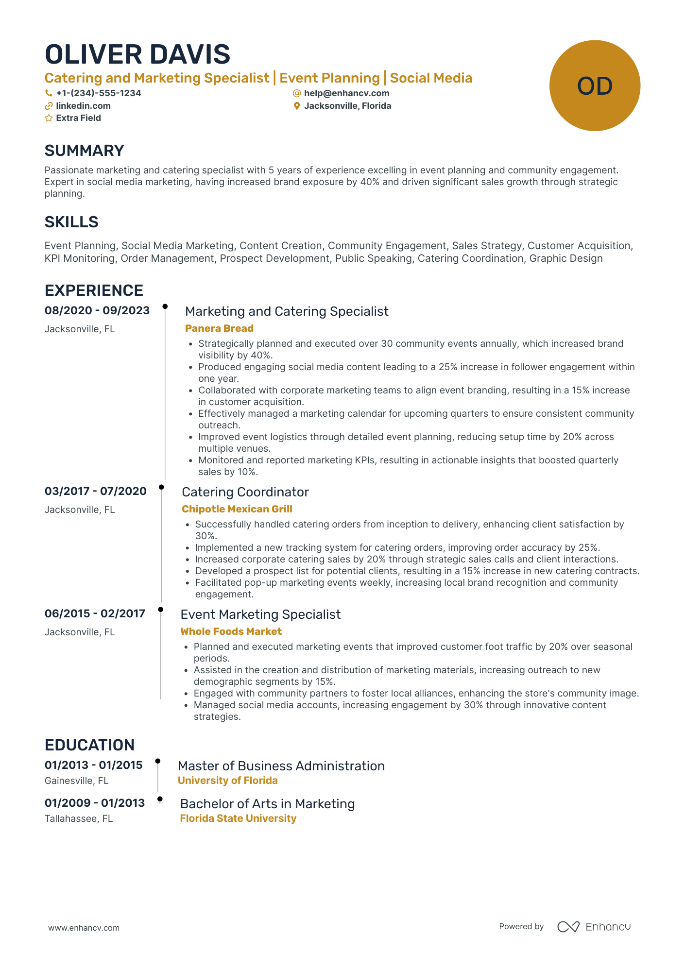 Catering Marketing Specialist Resume Example