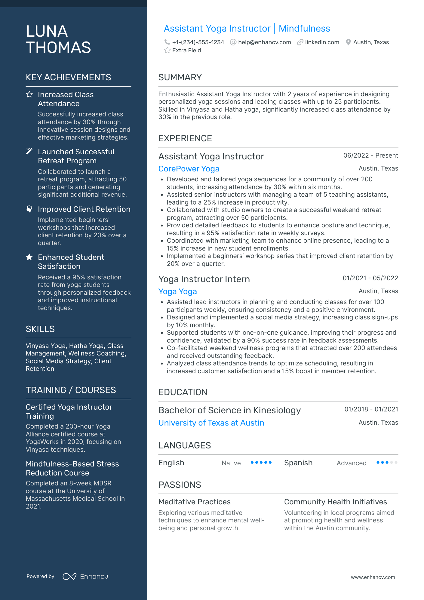 Assistant Yoga Instructor Resume Example