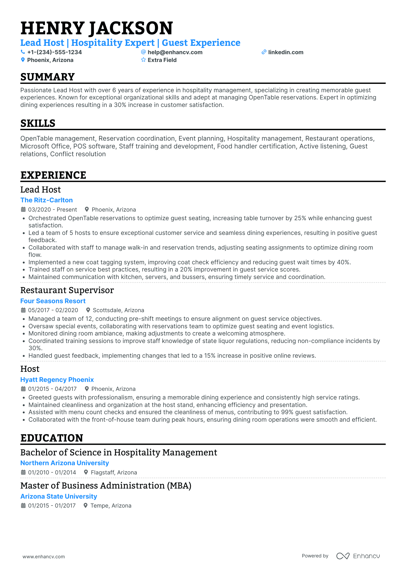 Lead Hostess Resume Example