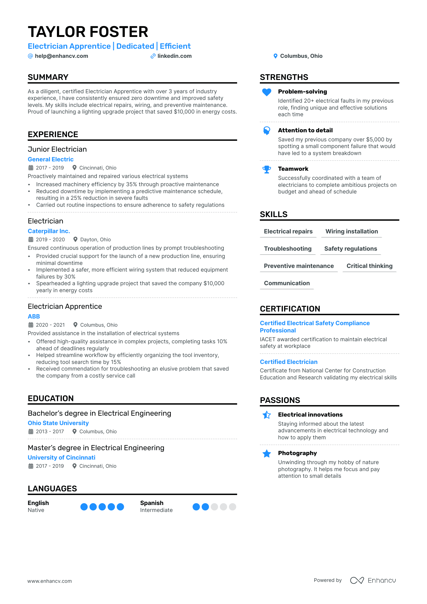 Electrician Apprentice Resume Example