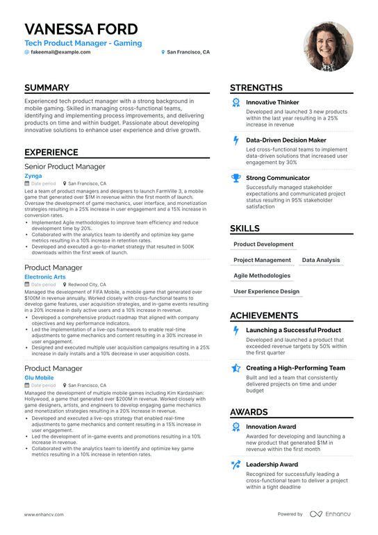 Tech Product Manager Resume Example